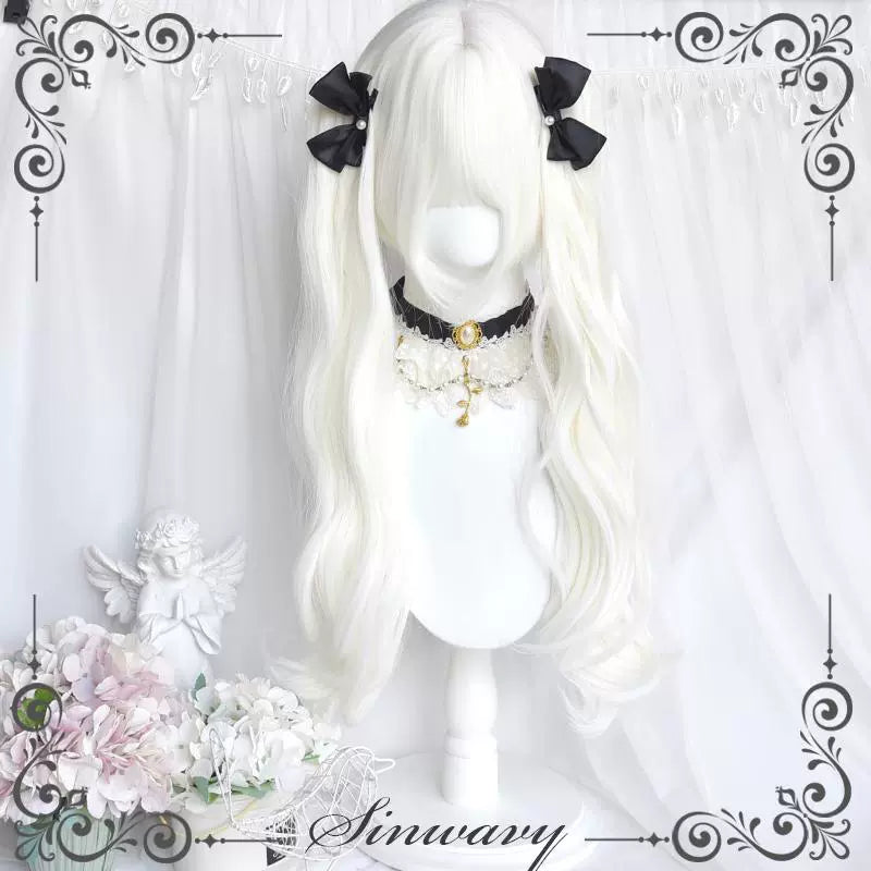 Sinwavy - White Gothic Lolita Wig, Roman Curls & Long Wavy A Short Hair + A Pair of Long Wavy Curl Ponytails