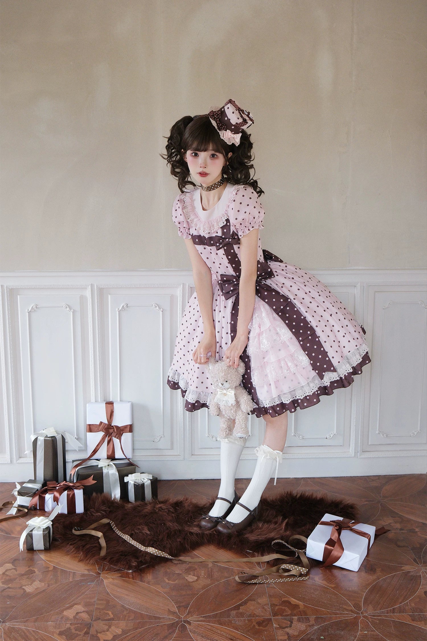 Coralie Box - Old School Lolita Polka Dot OP Dress, Cotton Round Collar 45520:851975