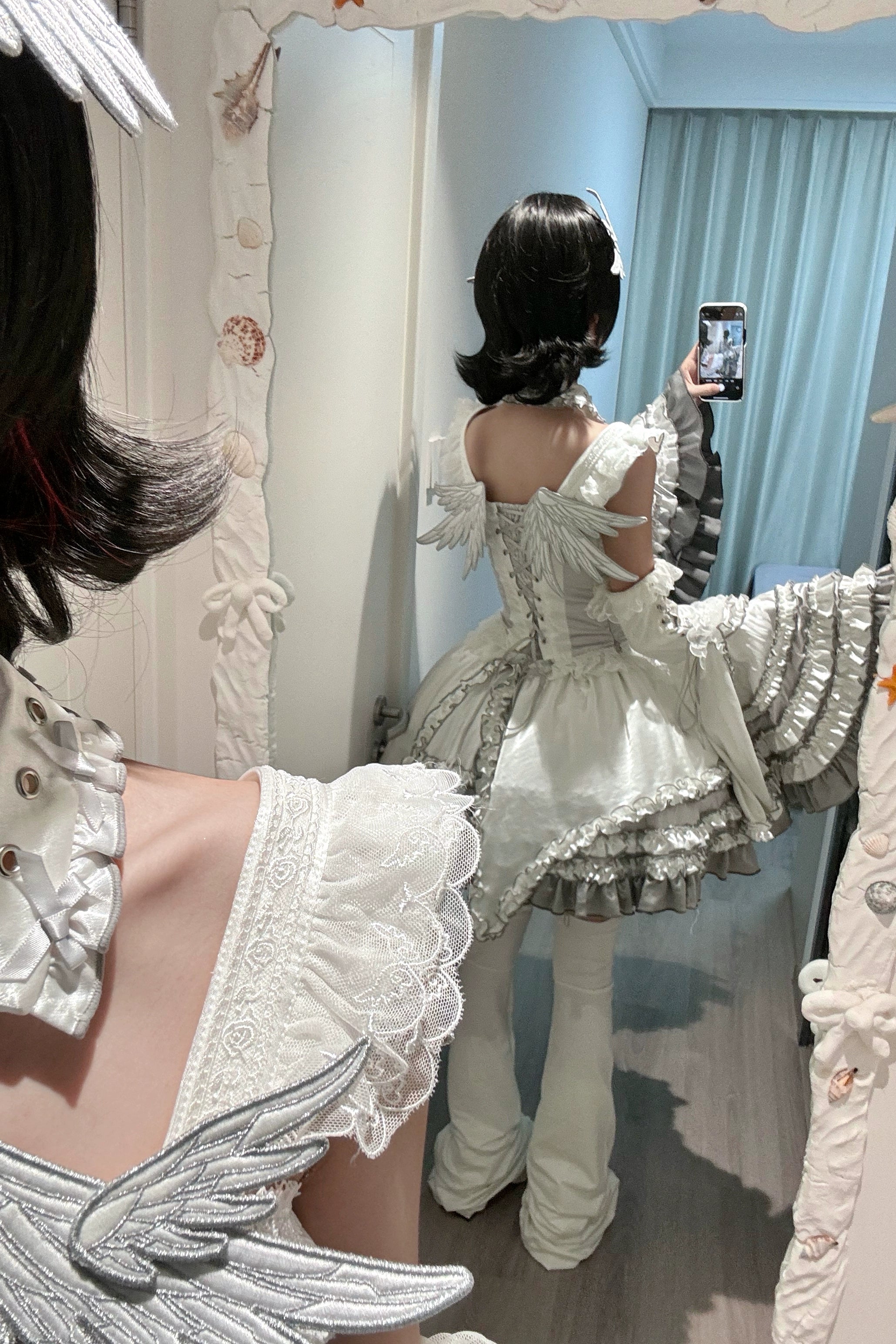 LustrE - Metallic Angel - Silver-white Punk Lolita JSK, Wing and Rhinestone Details 44276:801903