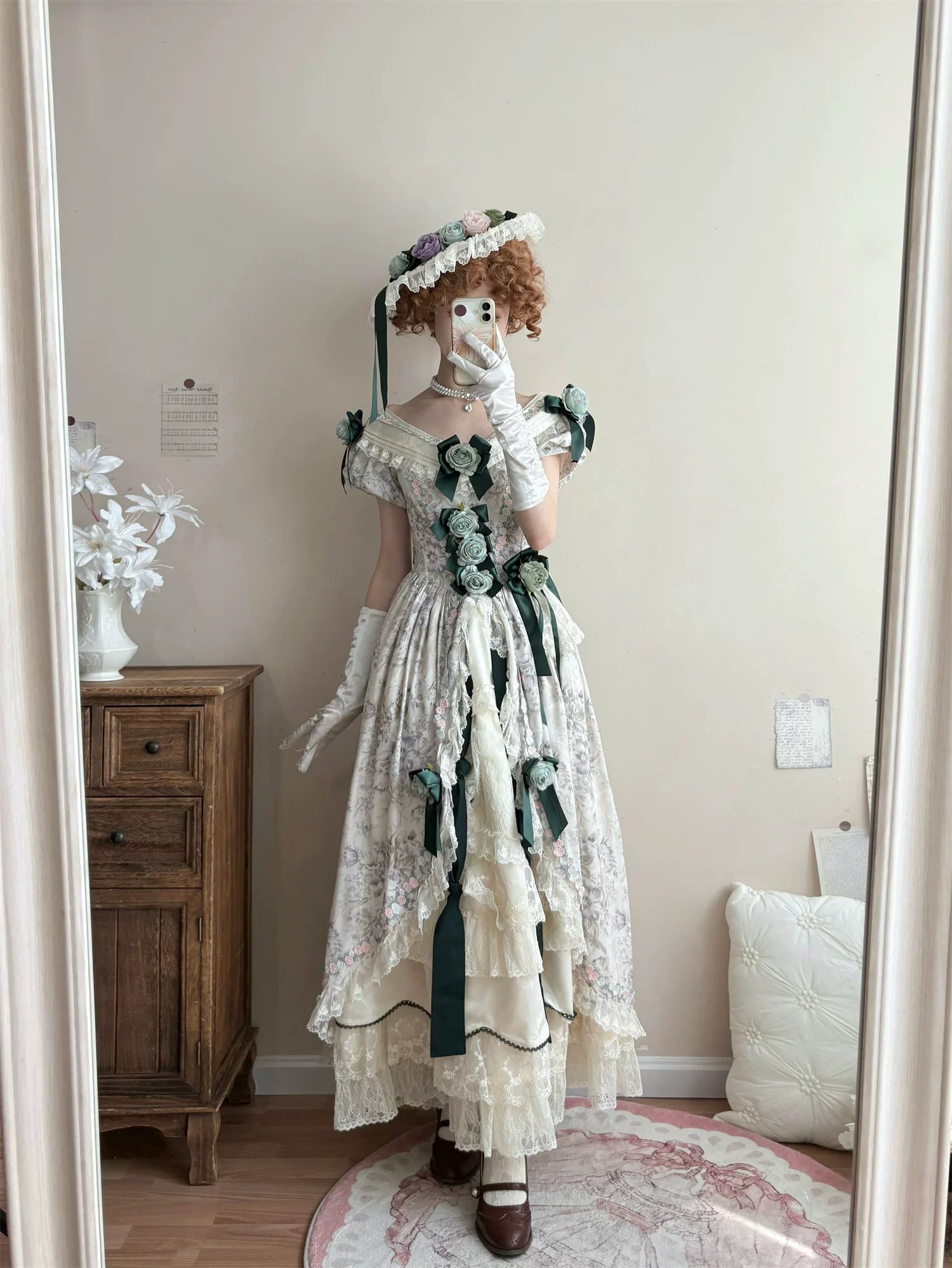 Dolota Flower Wall - Classic Lolita Floral OP Dress, Open Shoulder 44485:811100