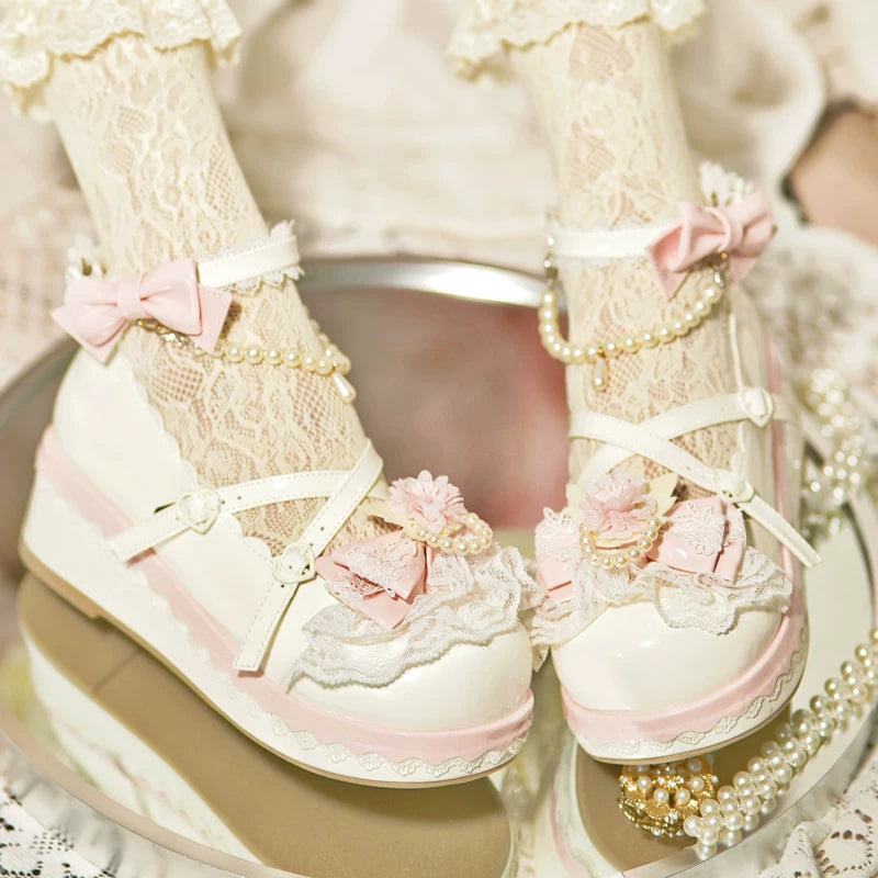 Pearl Floral Reverie - Sweet Lolita Shoes, Detachable Pearl Chain and Floral Accent (White / 34 35 36 37 38 39 40 41) 45531:852226