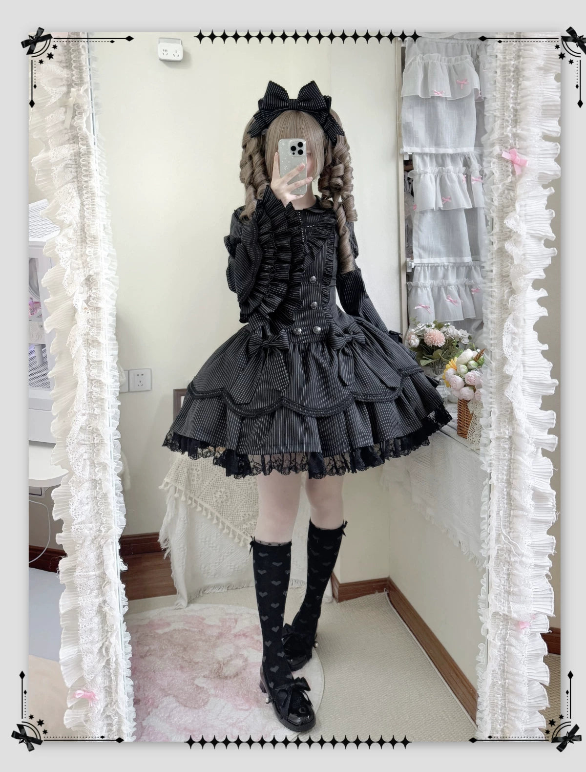 Dream Fragments - Striped Gothic Lolita OP Dress, Detachable Jabot (L M S XL) 44454:808954