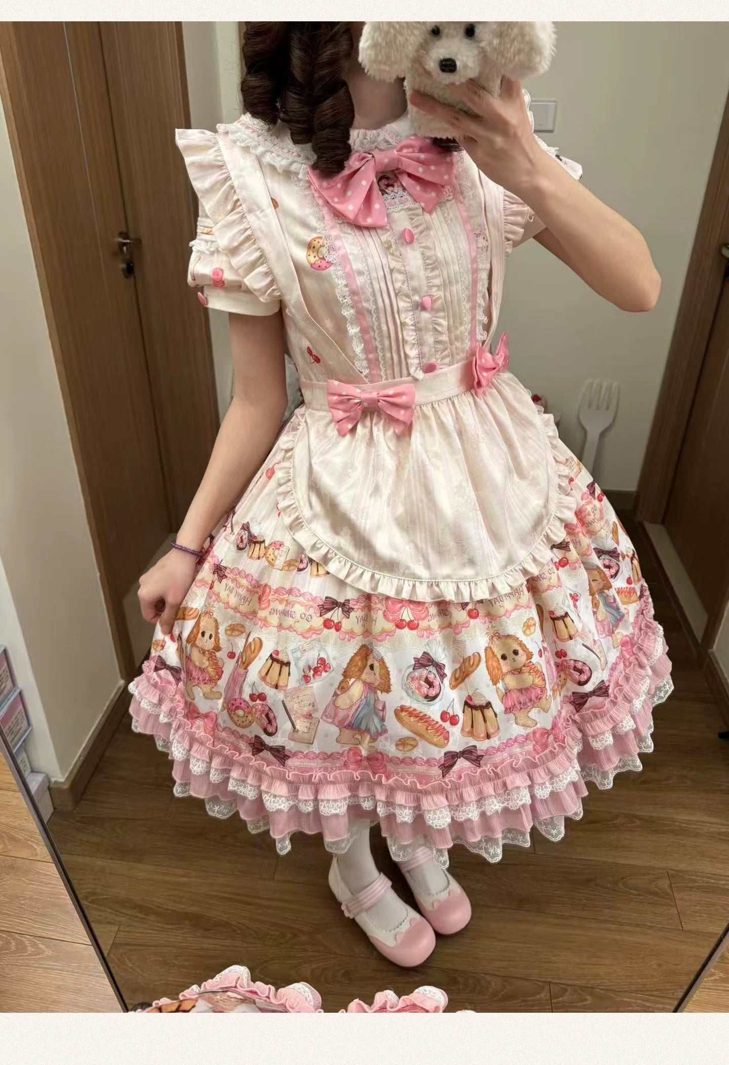 Full Sugar Bakery - Sweet Lolita Puppy Dessert Print OP Dress with Bows 2-piece Set (OP + apron) S