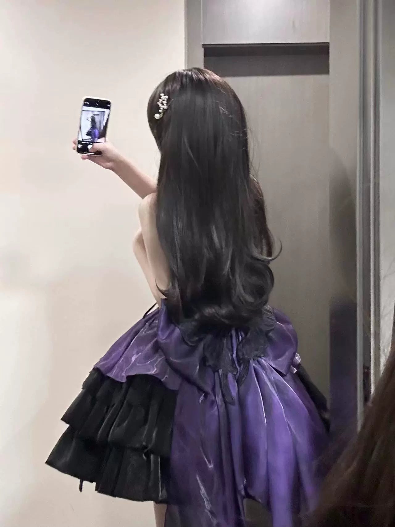 Platycodon House - Love Goddess - Elegant Lolita Dress Halter Puff Princess JSK Dress XS black and purple trailing veil