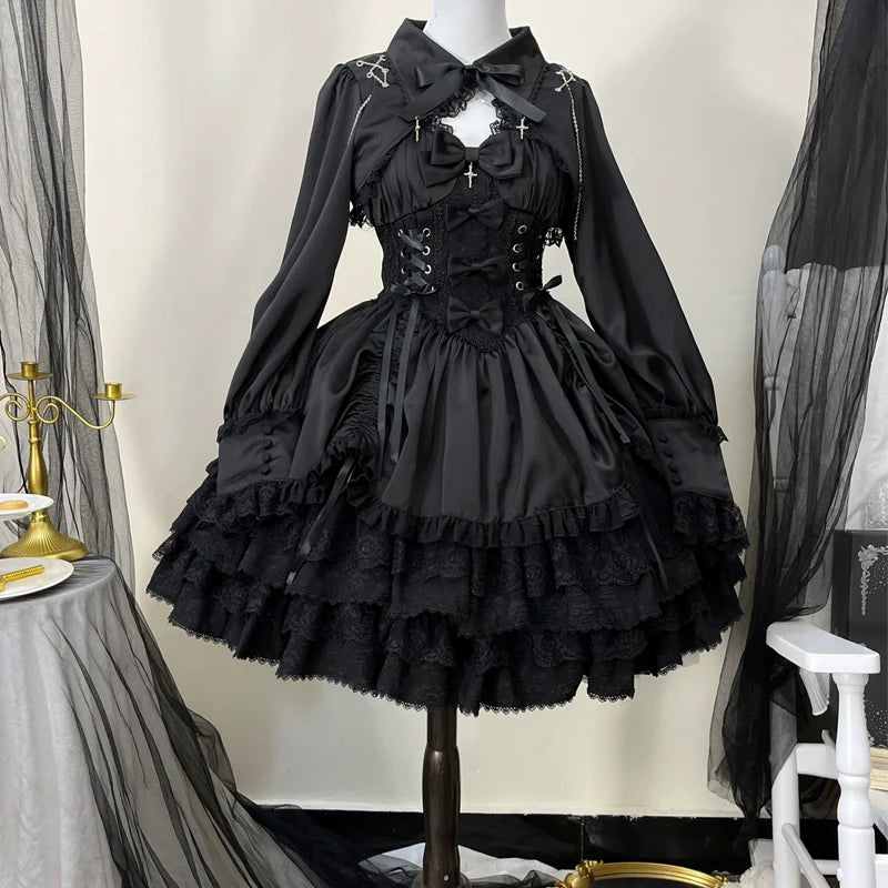 Hanguliang - Cross Medal - Black Gothic Lolita JSK, Tiered Skirt 44239:799547