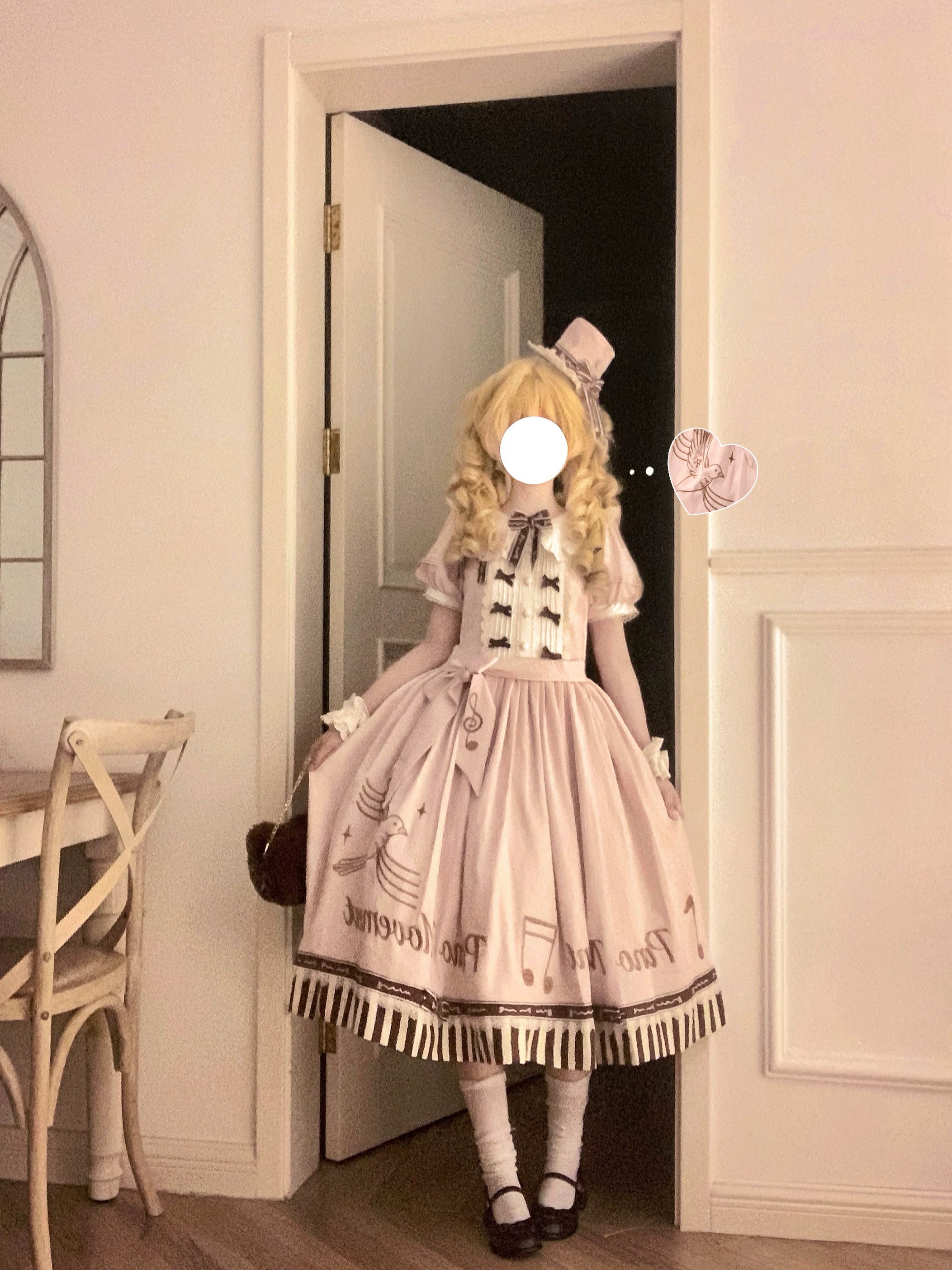 Birdsong Melody - Piano-themed Old School Lolita OP Dress, Side Pockets 45818:863238