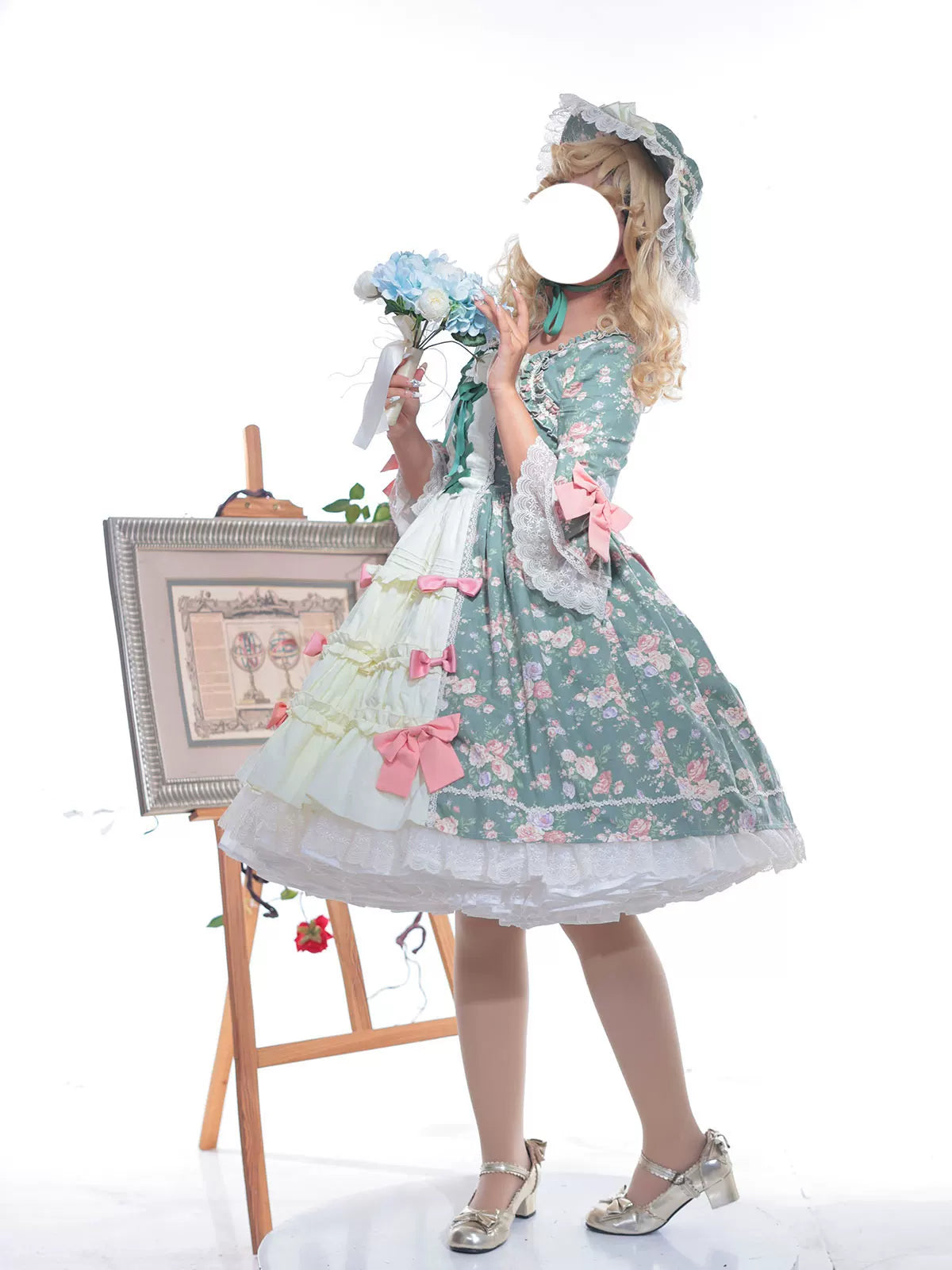 Classic Lolita Rococo Floral Print OP Dress, Lace Hime Sleeve 45668:857636