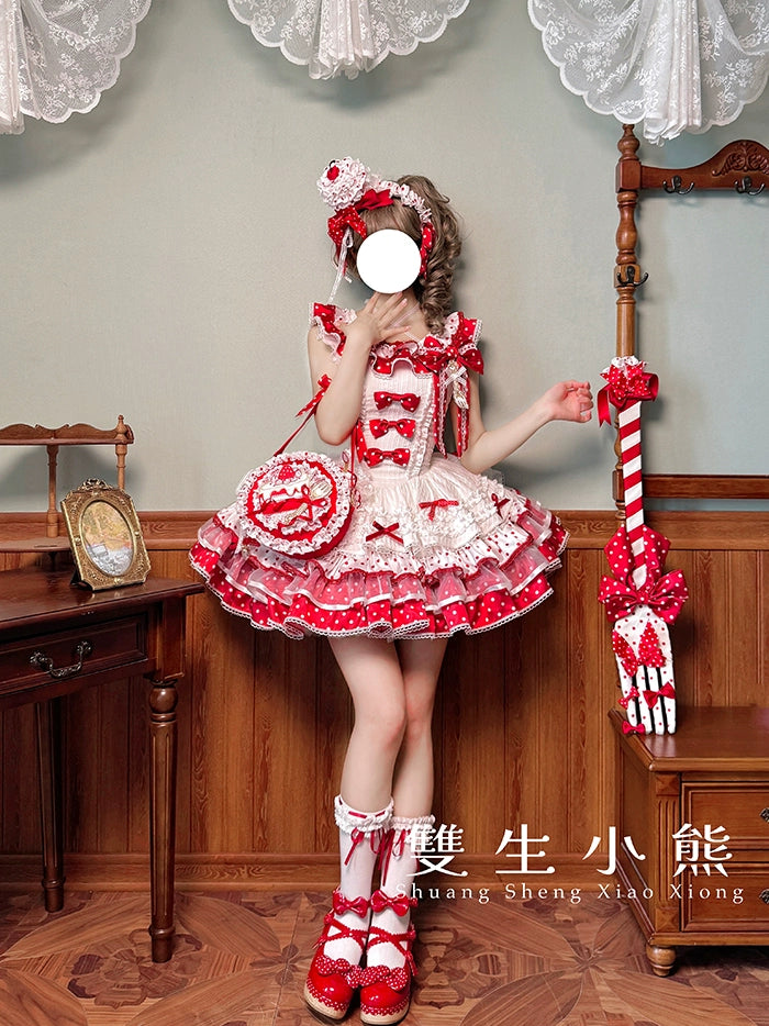 Shuang Sheng Xiao Xiong - Bite The Cake - Sweet Lolita Dress, Red & White Polka Dots 43600:780702