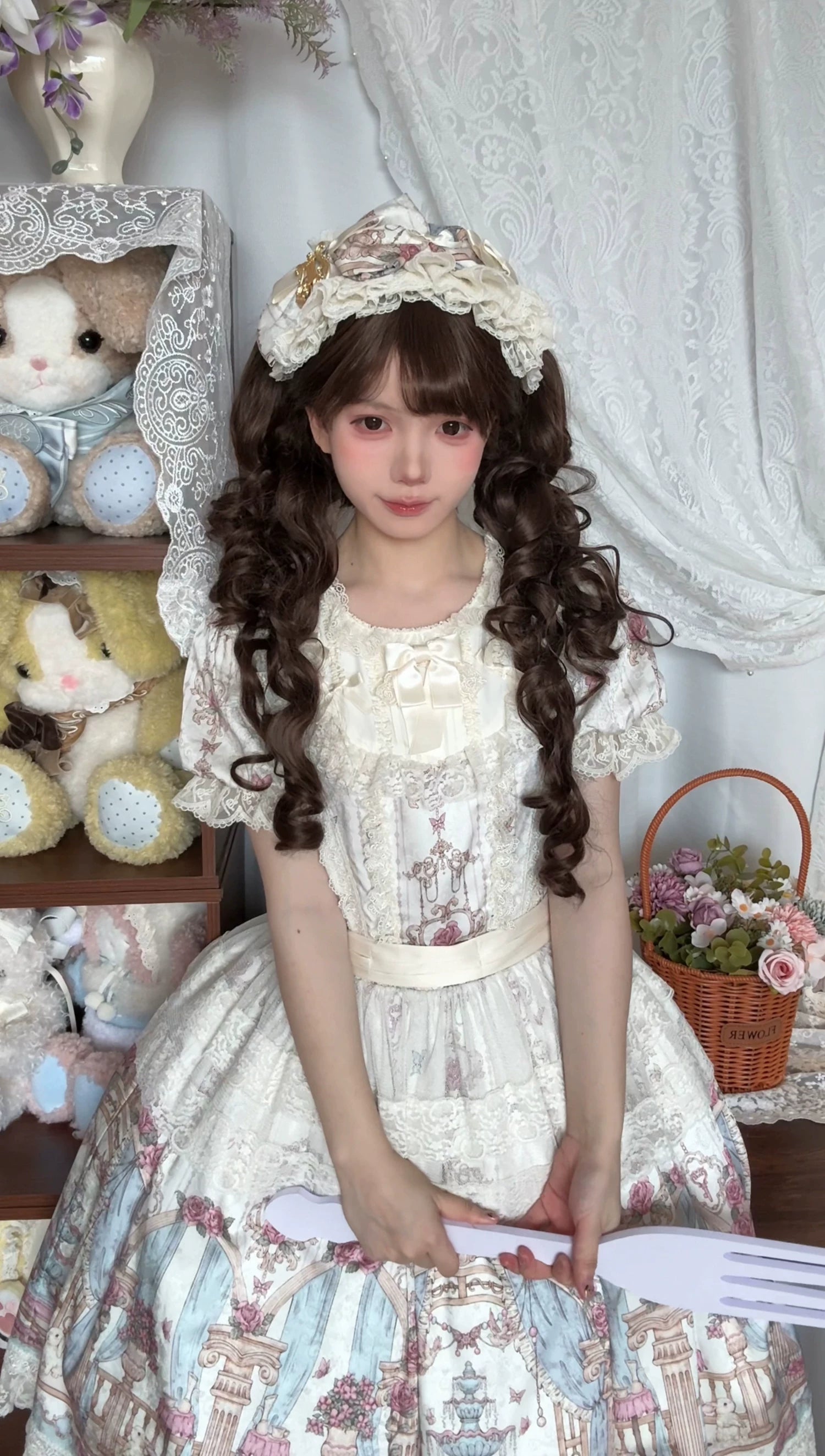 Wandering Rabbit's Palace - Doll-like Classic Lolita Palace Print OP Dress with Lace 45322:843921