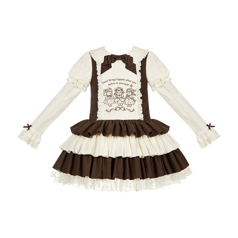 With PUJI - Sugar Frost Tale - Kawaii Lolita OP Button Closure Dress, Lamb & Bunny Embroidery (L M S) 44101:796476