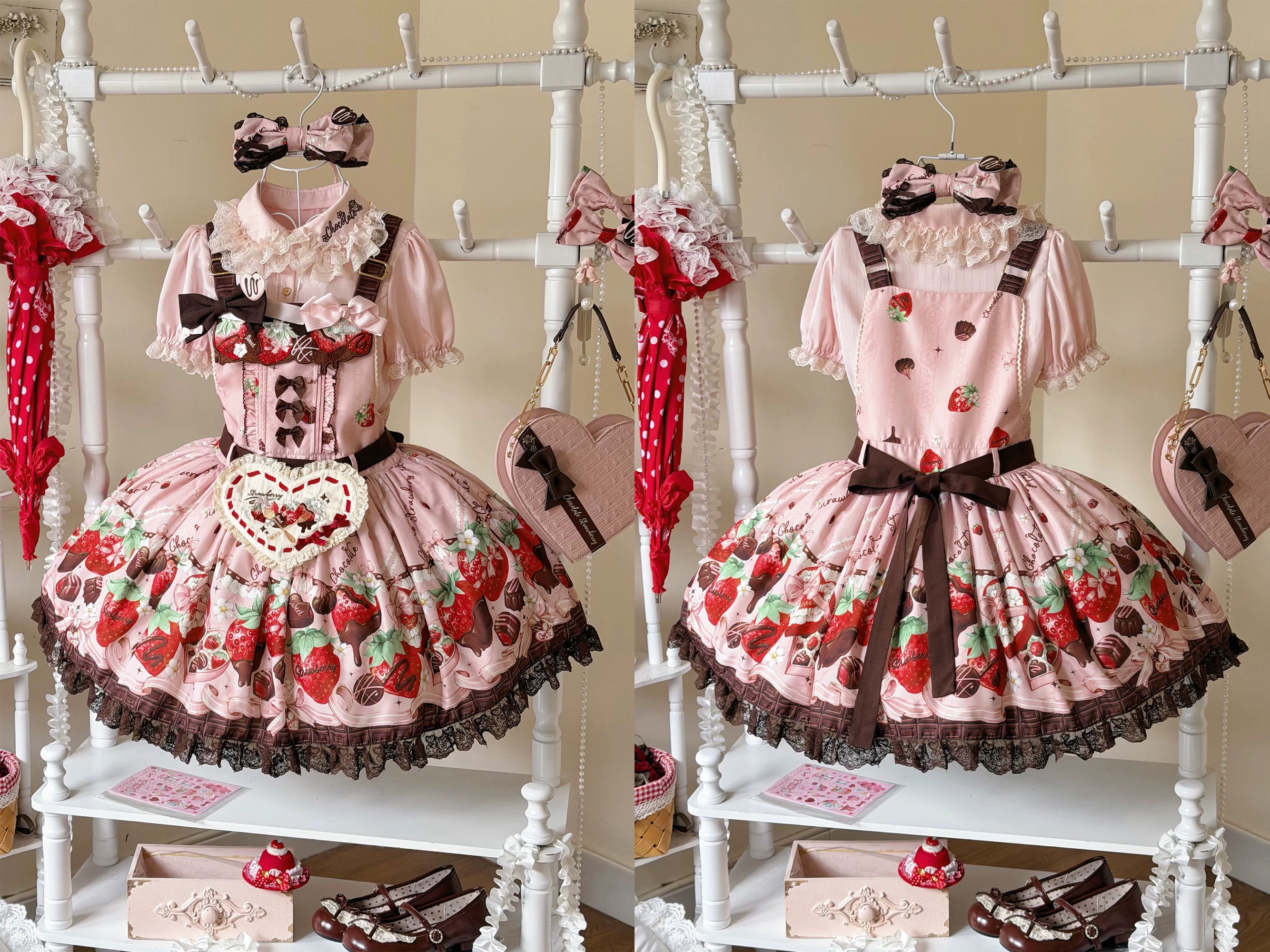 Strawberry Chocolate Lovers - Kawaii Lolita Embroidered Printed Dress