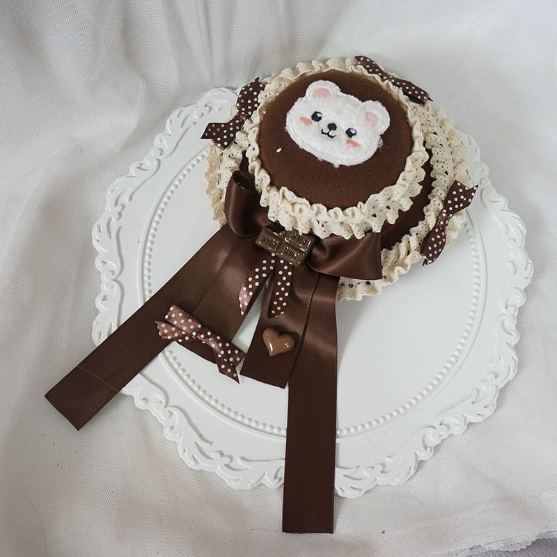 MaoJiang Handmade - Kawaii Lolita Headdress Chocolate Brown Top Hat White version top hat only