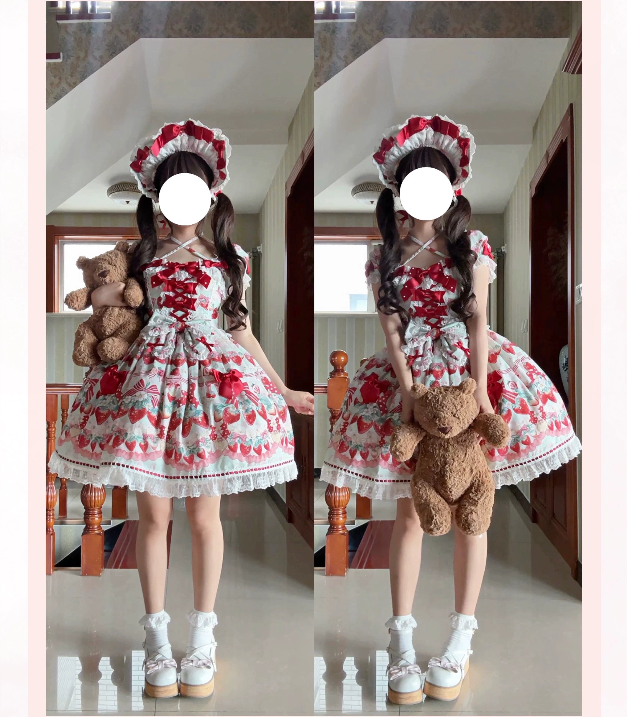 Strawberry Cream Bouquet - Printed Sweet Lolita OP Dress, Halter Neckline