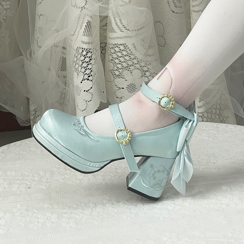 Dreamland - Dreamlike Lily of the Valley - Classic Lolita Platform Shoes with Back Large Bow Light Blue 34