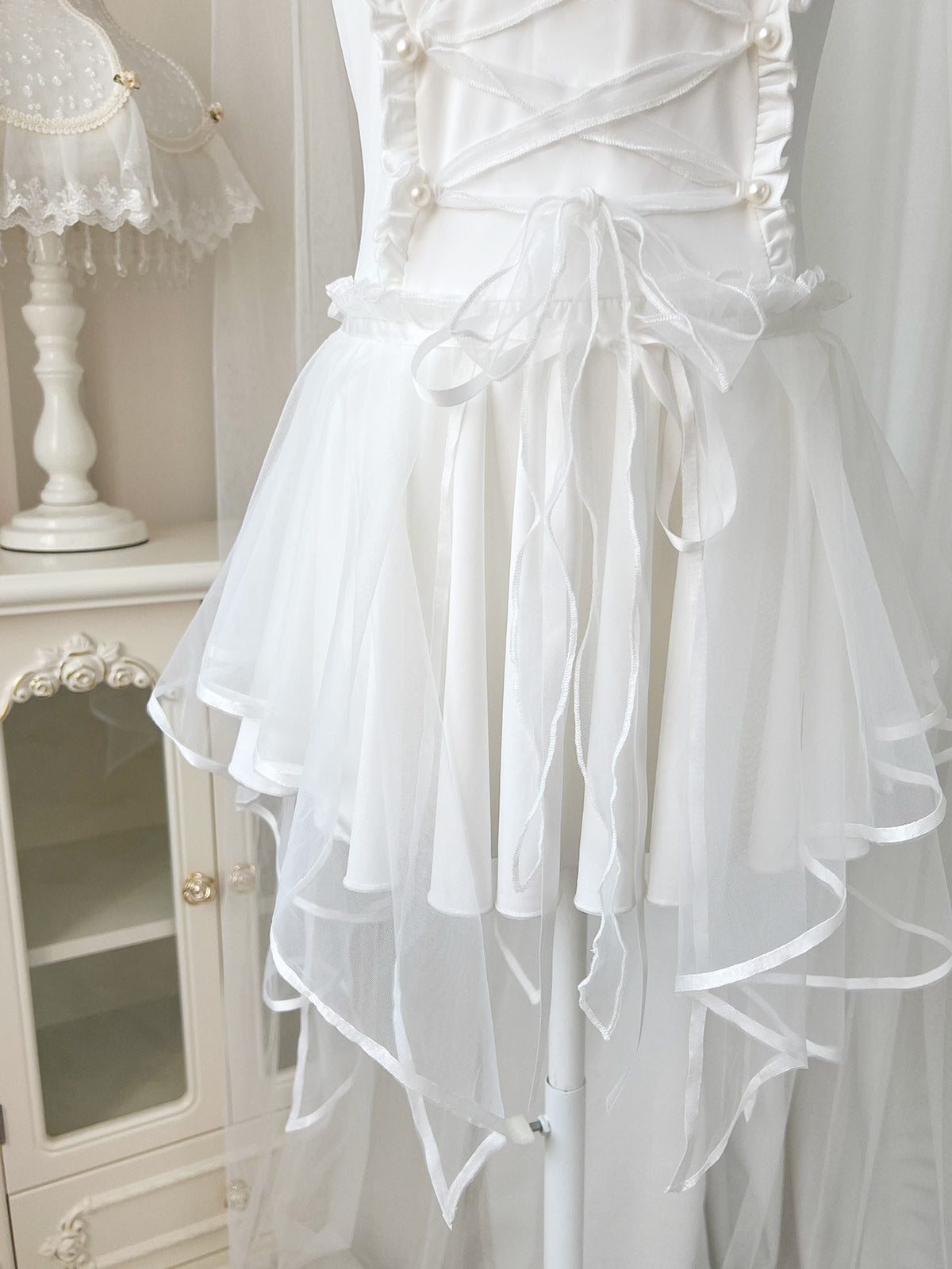 Your Princess - White Lolita Inspired Swimsuit with Pearls and Tulle Overlay