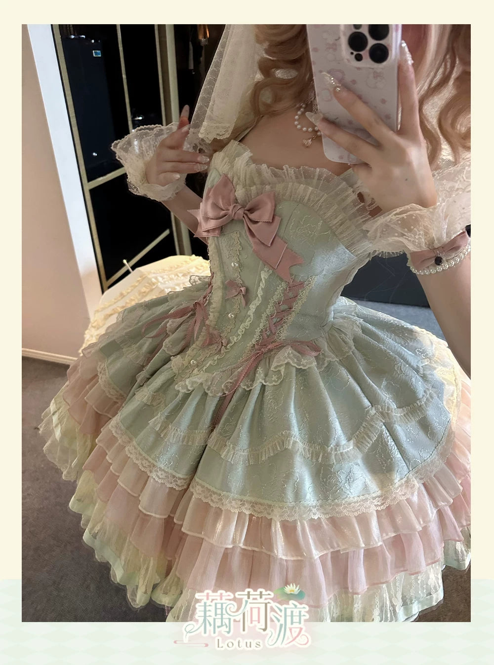 Lotus Crossing - Sweet Lolita Tiered Hem JSK Dress with Satin Bow 45302:844784