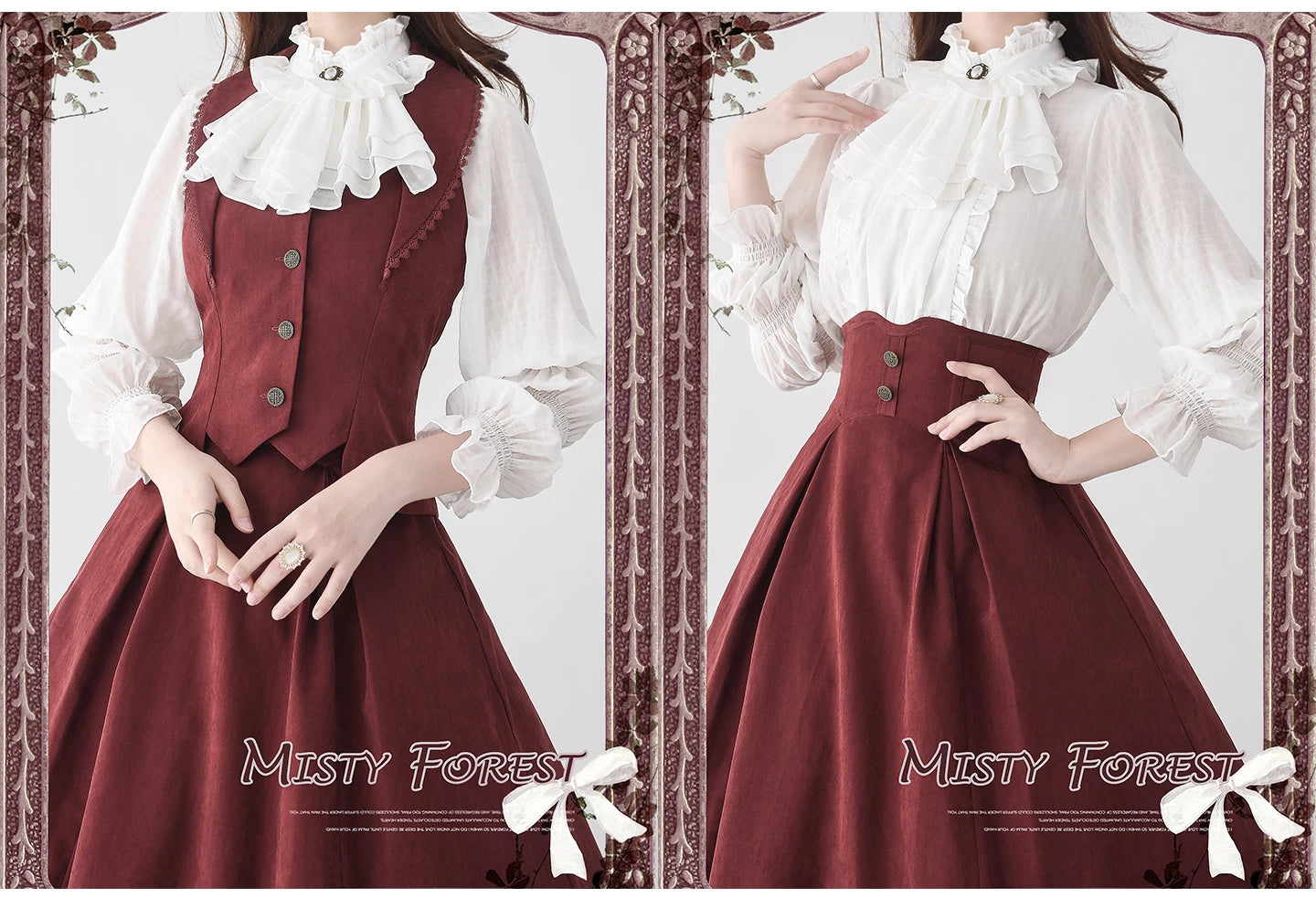 Misty Forest - White Classic Lolita Long Sleeve Blouse, Detachable Jabot
