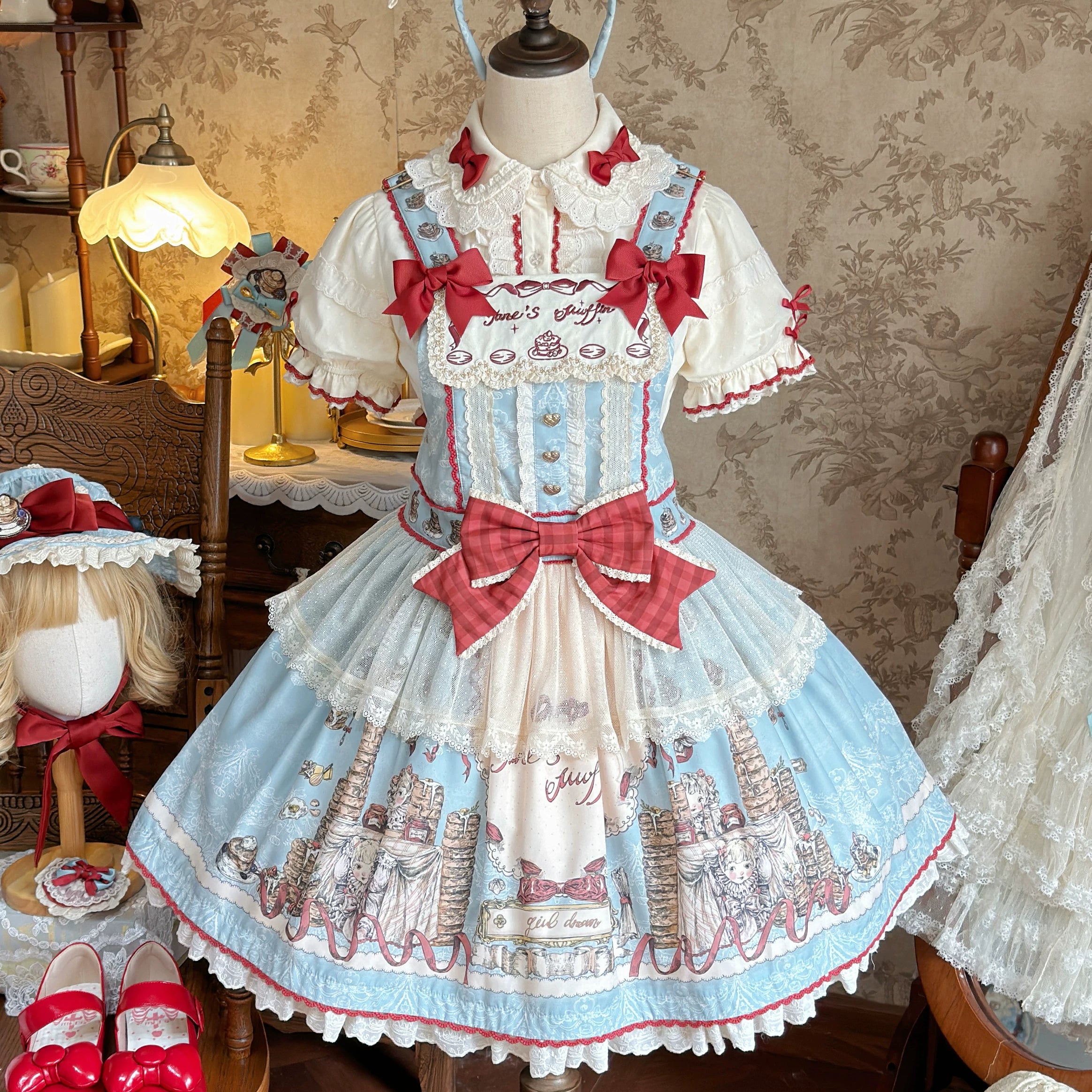 Pancake Postman - Kawaii Lolita Printed OP & Salopette Dress, Lace & Bows (L M S XL) 45174:838663