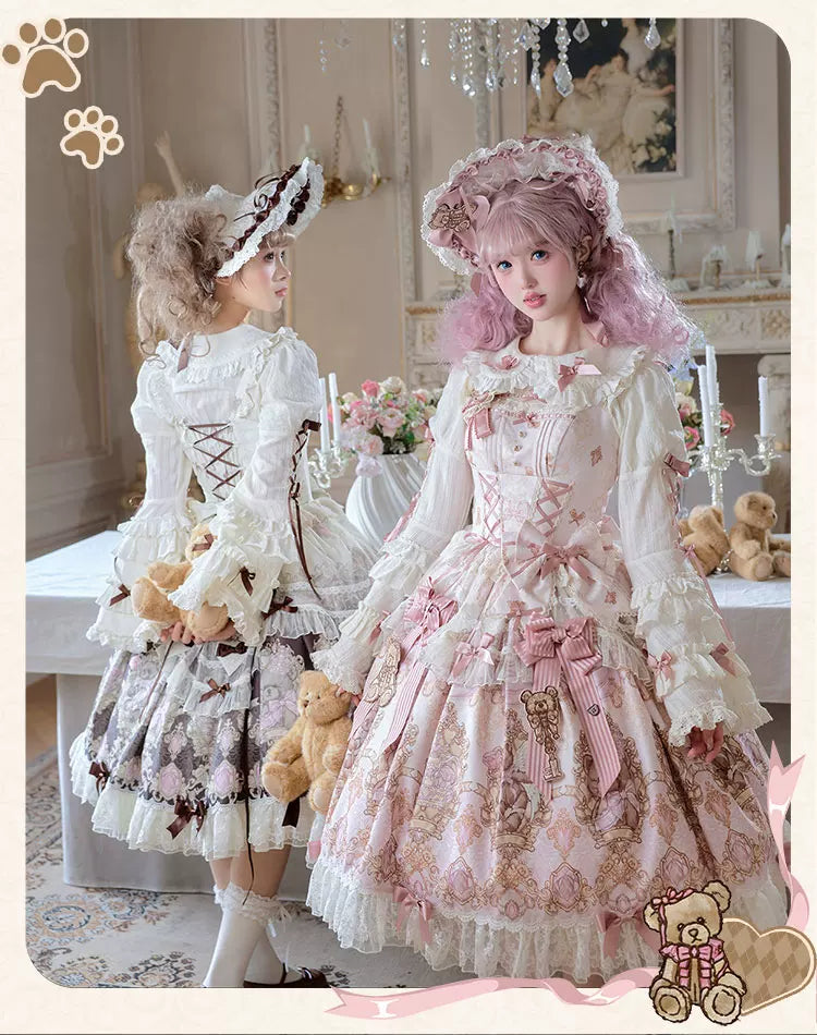 Antique Teddy Bear - Classic Lolita Printed JSK Dress with Ribbon Bows 45538:853242