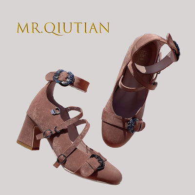 MR.Qiutian~Velia~Elegent Lolita Shoes CLA Thick Heel Shoes Light Brown Size 35( fits the feet of 34) 