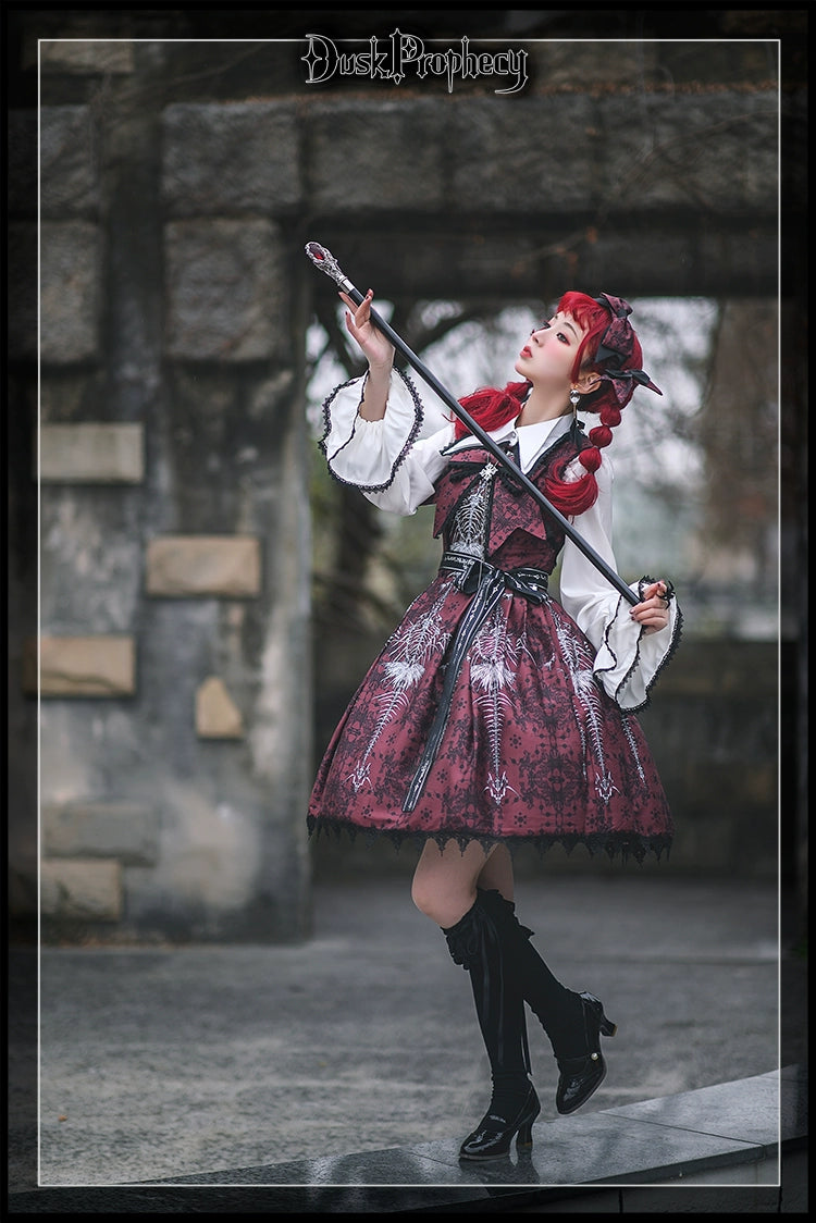 DuskProphecy - Coccyx - Elegant Lolita Dress High Waist Fishbone Print JSK Set 34722:466362