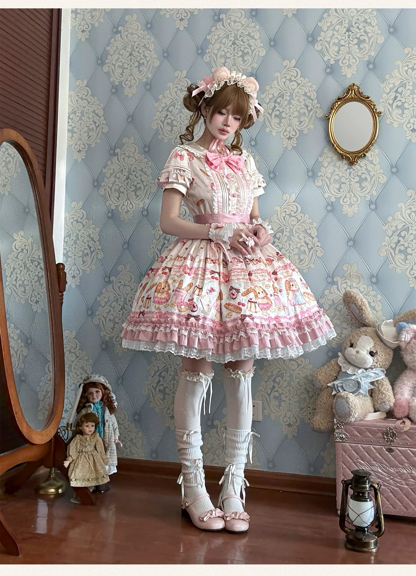 Full Sugar Bakery - Sweet Lolita Puppy Dessert Print OP Dress with Bows