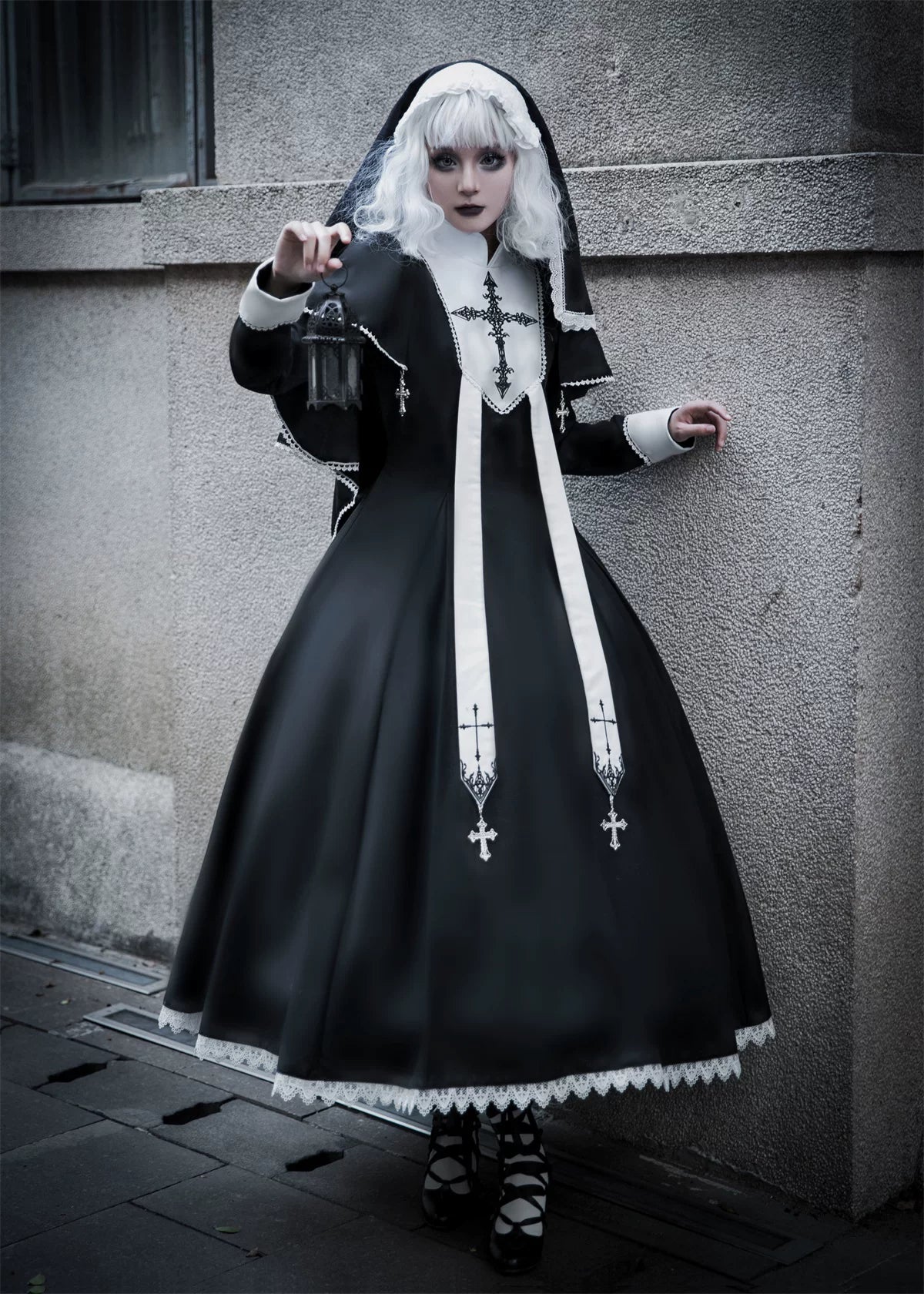 Halloween Gothic Lolita OP Dress & Cape, Cross Embroidery 45848:864791