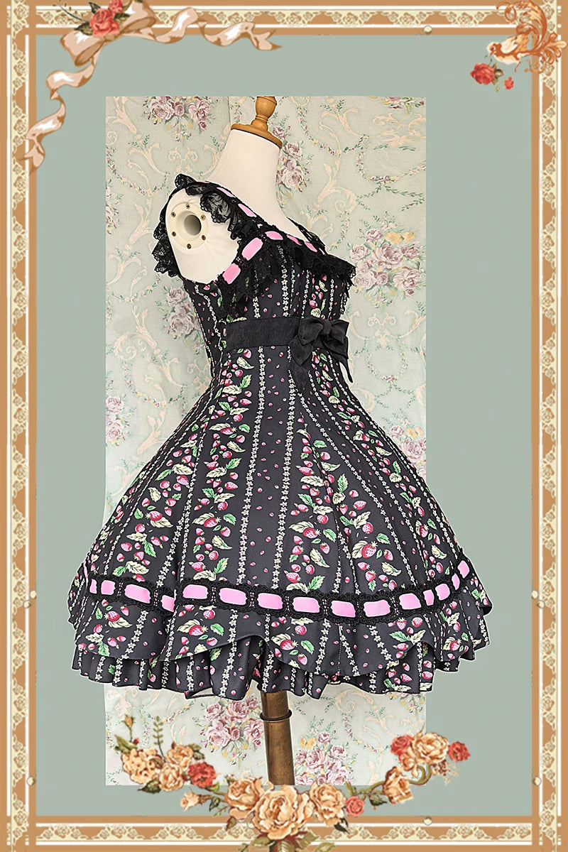 Berries & Strawberry - Old School Lolita JSK Dress Set, Strawberry Print 46097:874970