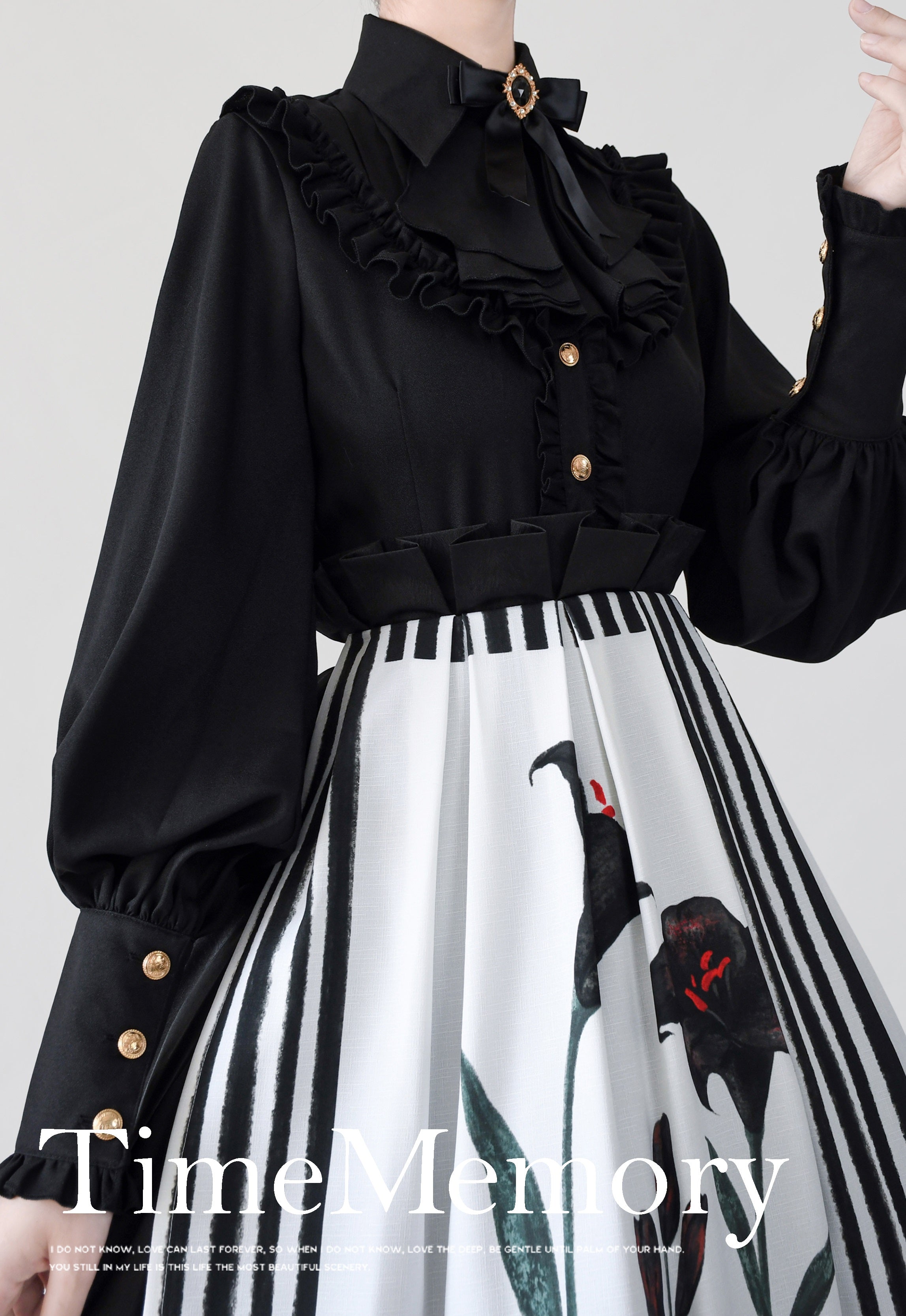 Time Memory - Elegant Lolita Slim Fit Mutton Sleeve Blouse S Black Chiffon