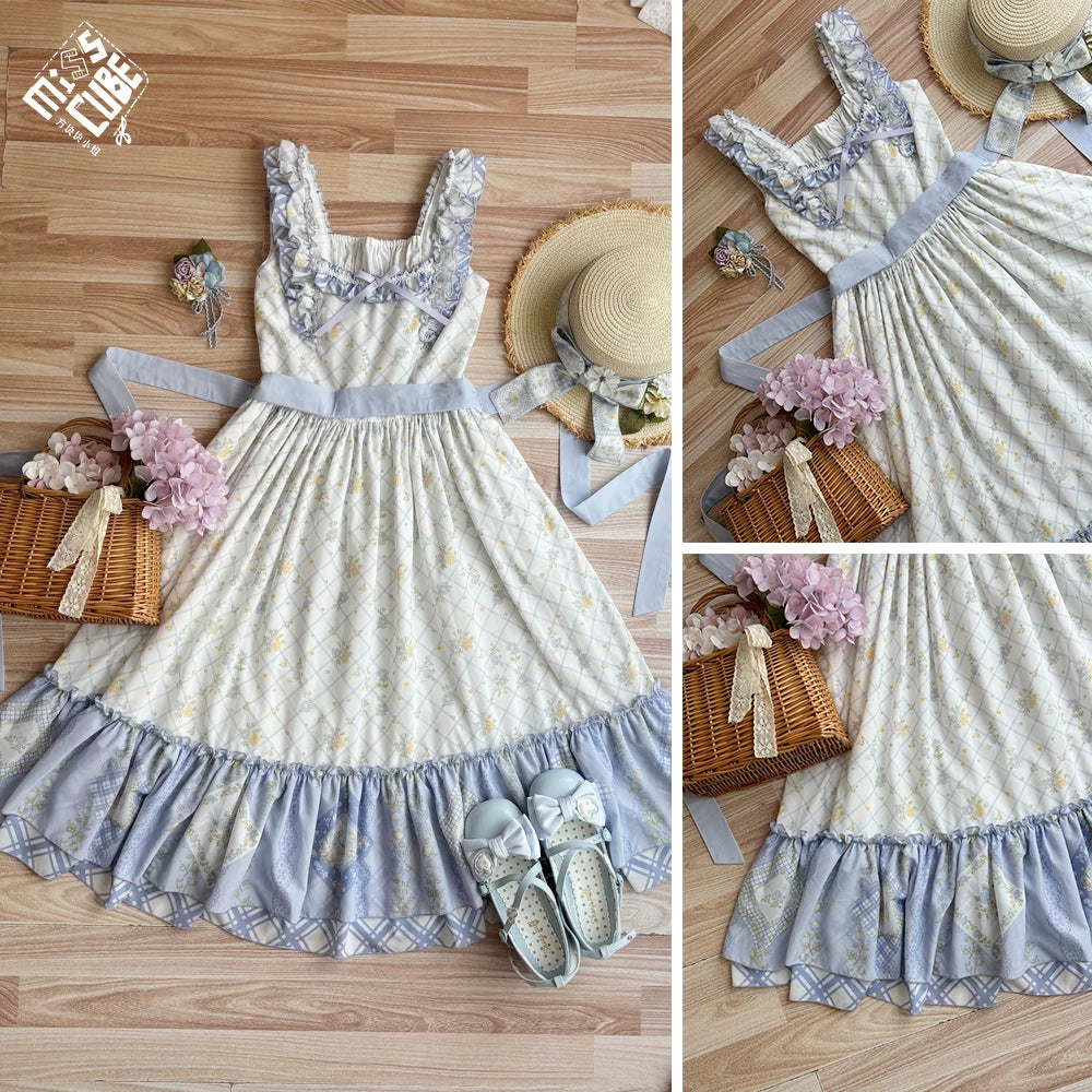 Patchwork Garden 2.0 - Classic Lolita Floral Print JSK Dress, Side Pockets Blue JSK Only (with waist tie) XS