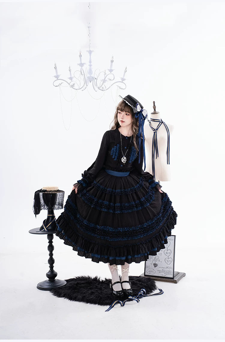 Wings and Bouquet - Dark Classic Lolita Blouse and SK Set, Layered Blue Ruffles 45680:858285
