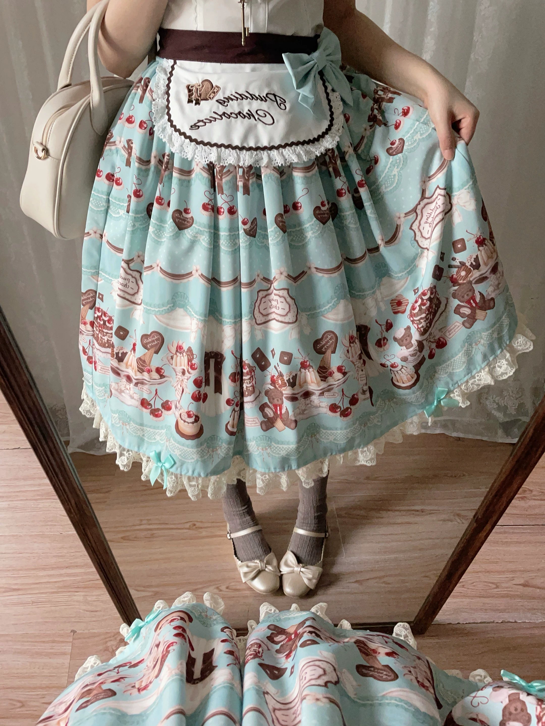 Cherry Choco Bear - Kawaii Lolita Elastic Skirt, Dessert and Cherry Print