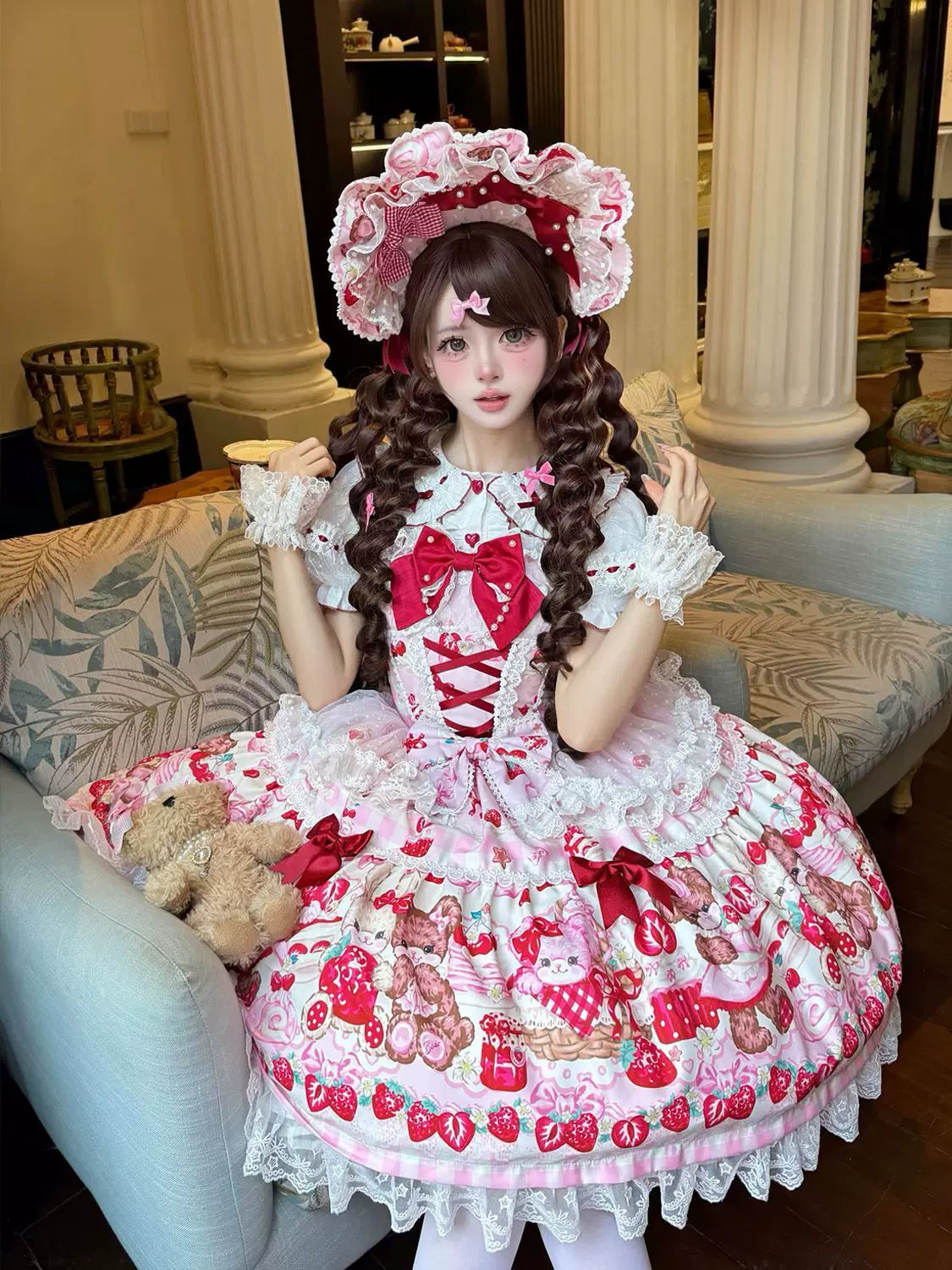 SweetBerry Bunny Bear - Sweet Lolita Tiered Lace JSK Dress, Strawberry and Bear Print