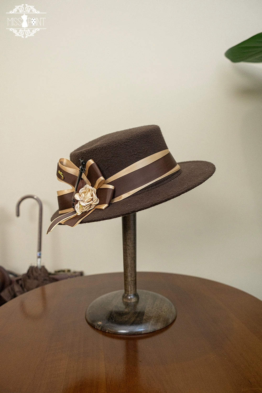 Miss Point - Elegant Lolita Top Hat - Golden Movement Lolita Hat Brown large hat - brown bow tie