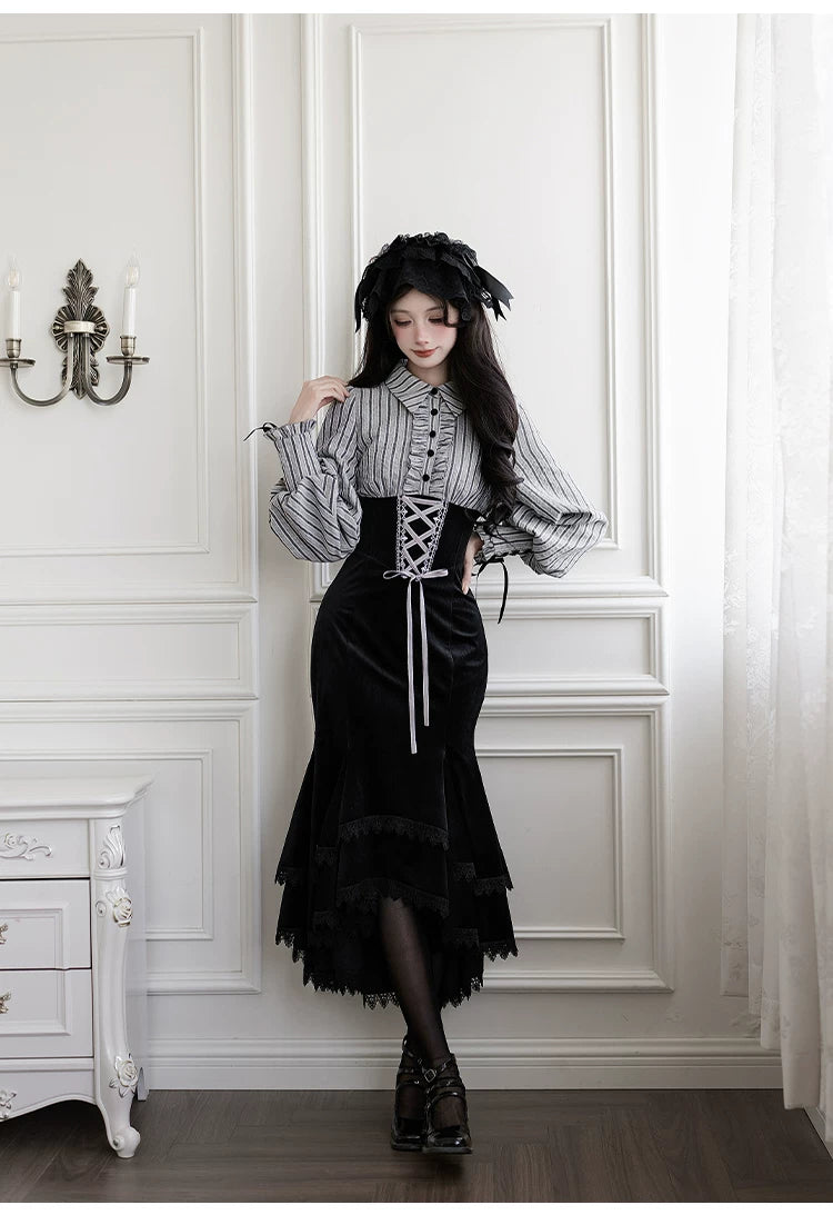 Dusk Moment - Classic Lolita Striped OP & Mermaid Dress Set, Fishbone Waist 44498:810675