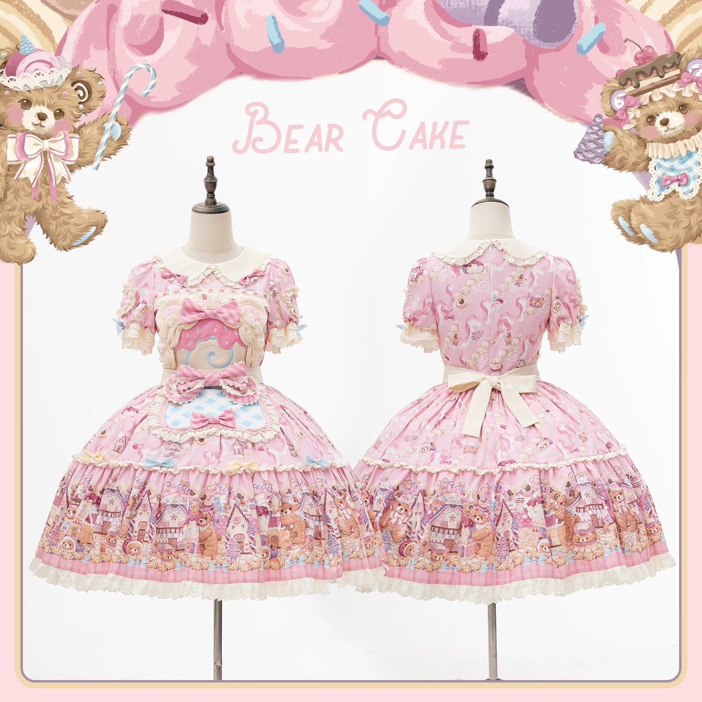 Bear Cake - Sweet Lolita JSK & OP Dress, Bear & Dessert Print (L M S XL XS) 45755:860825