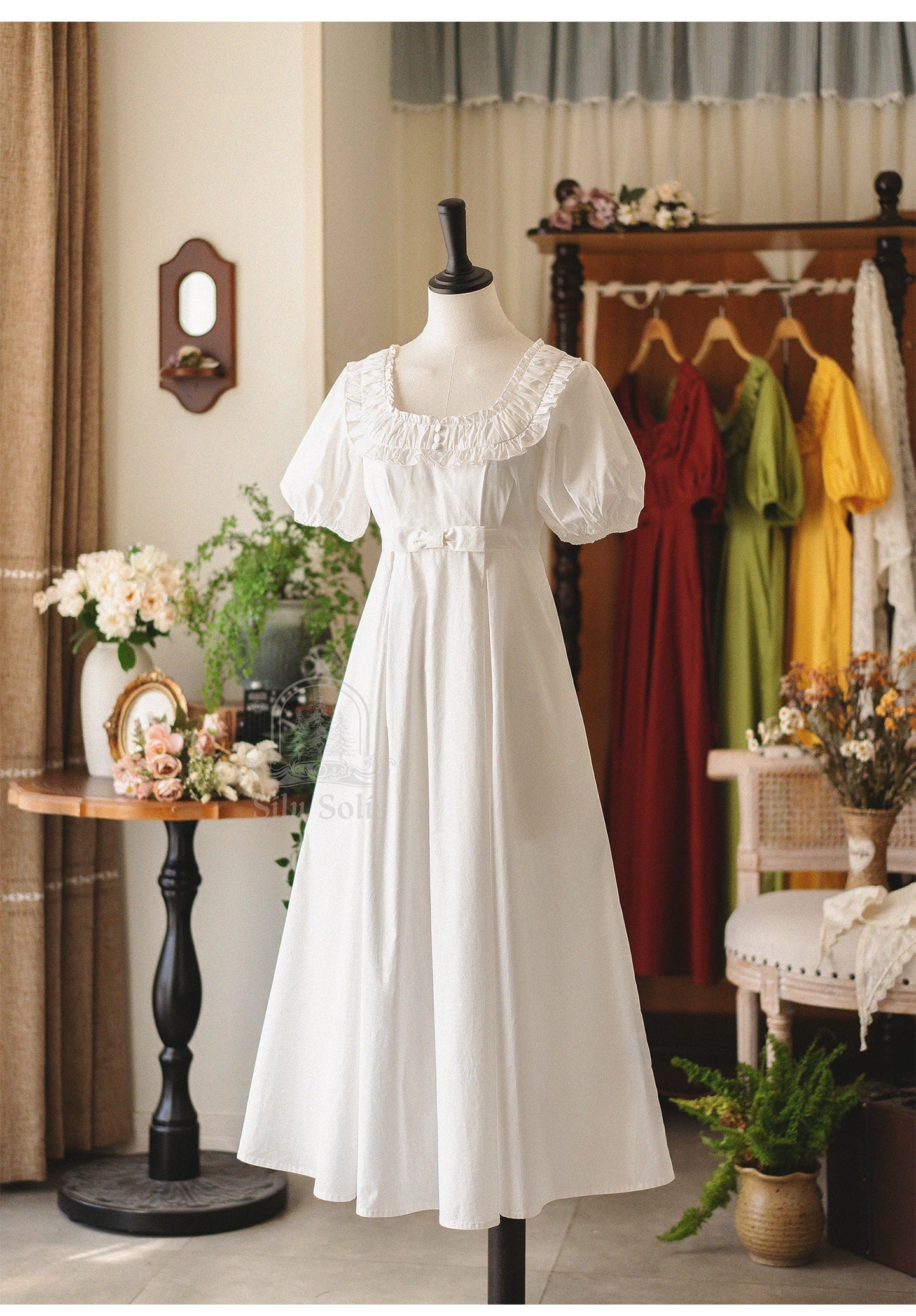 Morning Forest - Cotton Empire Waist OP Dress with Built-in Bra Pads White S