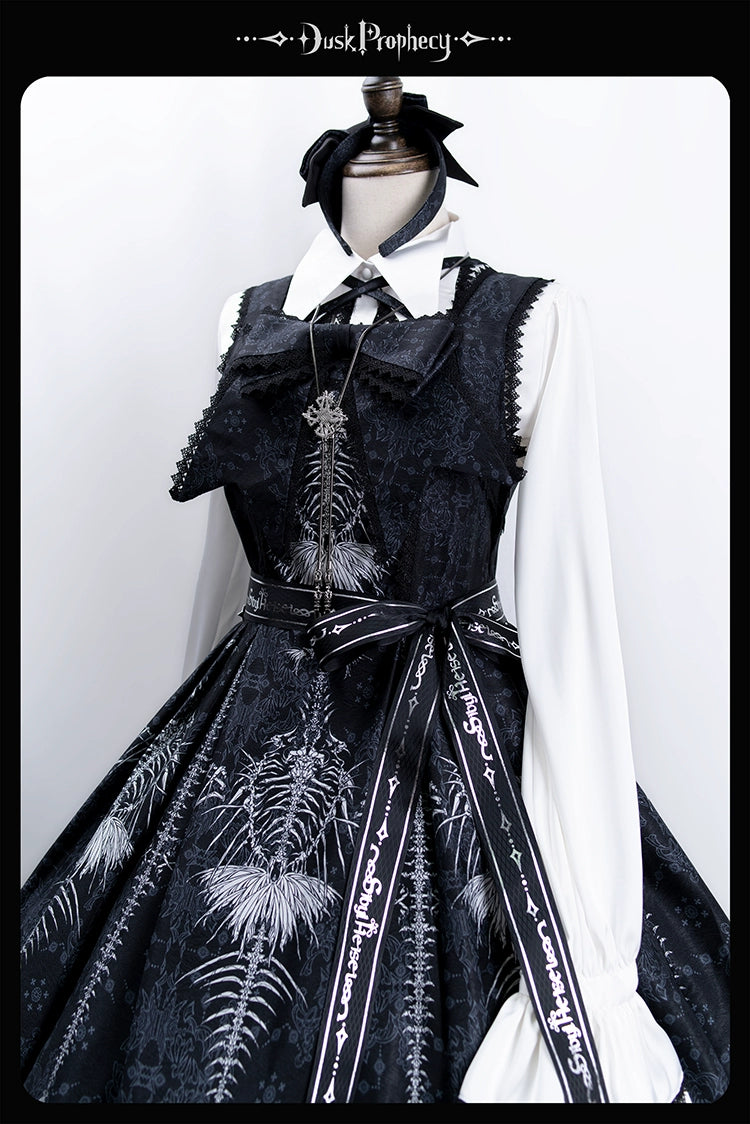 DuskProphecy - Coccyx - Elegant Lolita Dress High Waist Fishbone Print JSK Set 34722:466630