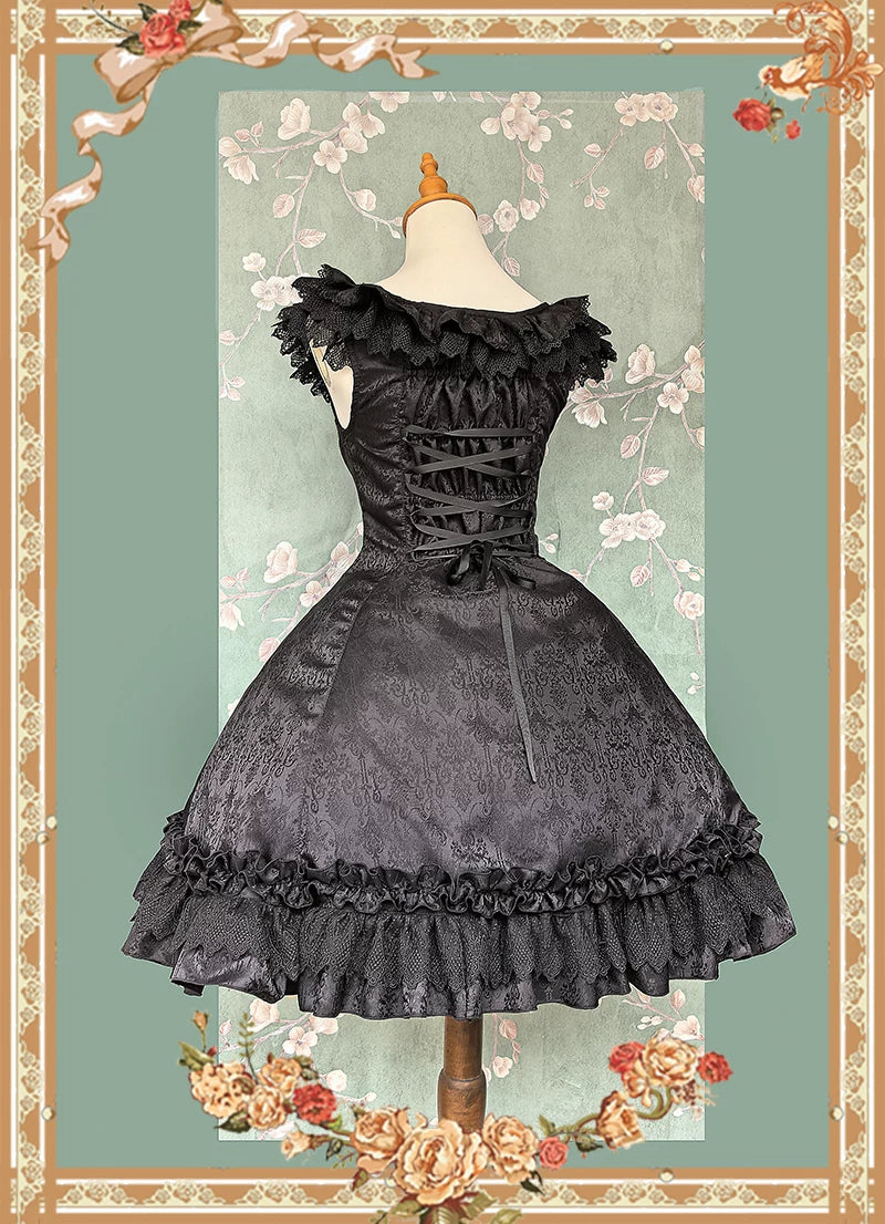 Canon Of Floral Melody - Gothic Lolita Black JSK Dress, Jacquard Pattern