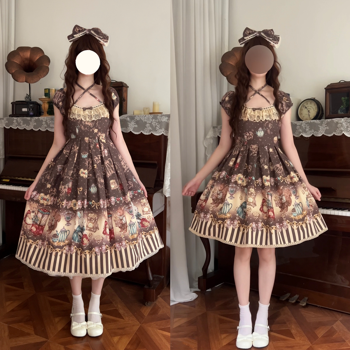 Popcorn Bear - Sweet Lolita OP Dress Set, Bear Tea Party Print 45994:871408