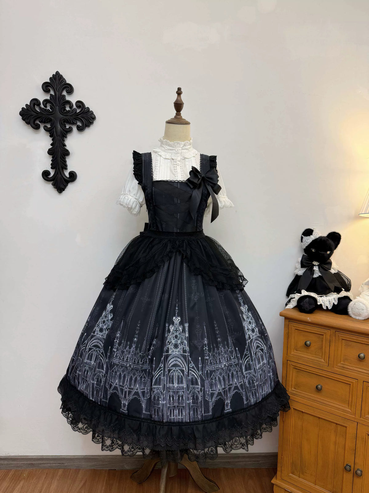 Silent Spire - Gothic Lolita Cathedral Print JSK & OP Dress Set, Side Pockets (L M S XL) 45921:868190