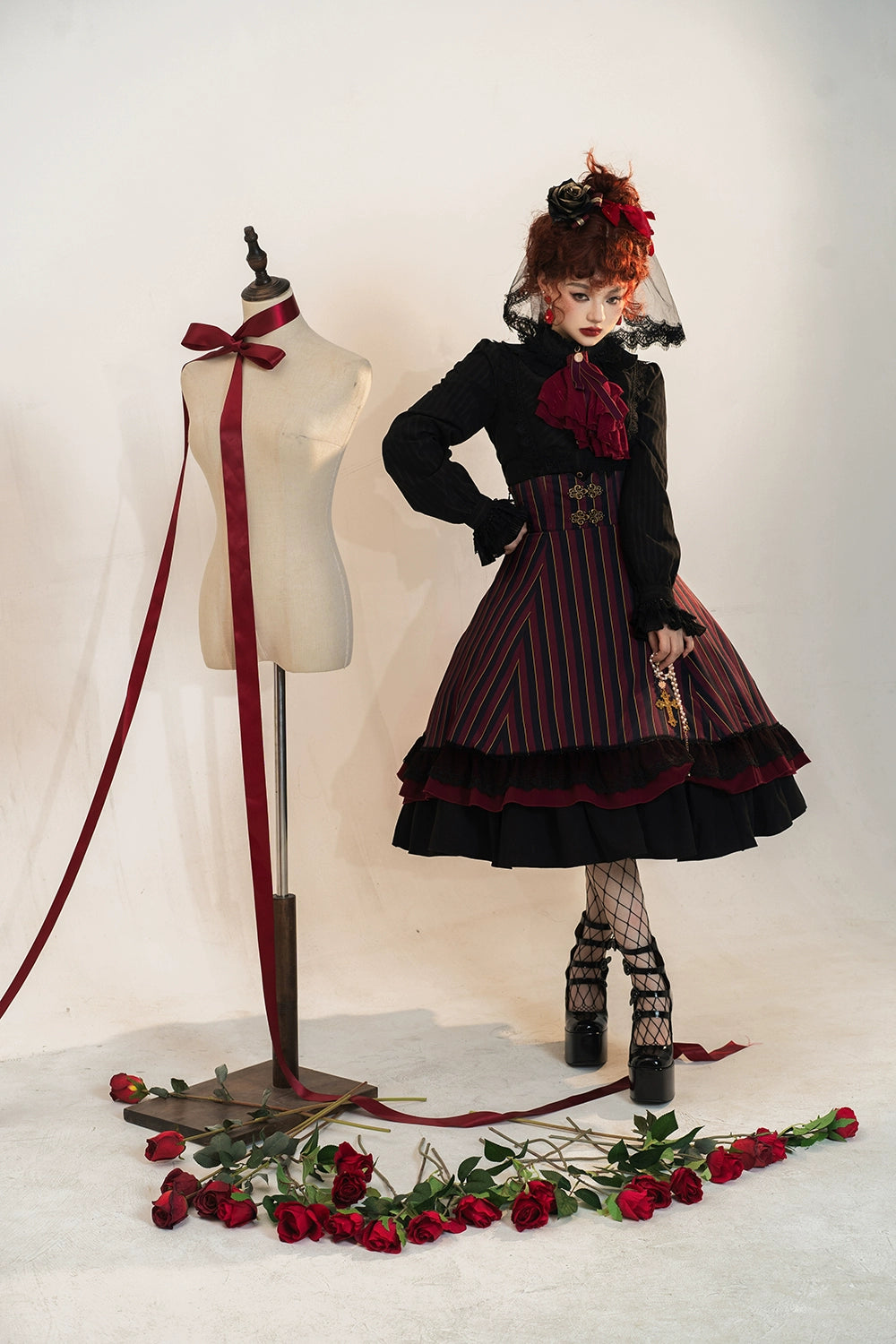 (Buyforme)Miss Point~Customized Lolita Elegant Striped High Waisted Fishbone SK 21544:312618