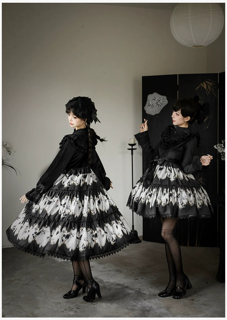 With PUJI - Dead Leaf Butterfly - Gothic Lolita JSK & OP Dress Set, Butterfly Print 44346:805381
