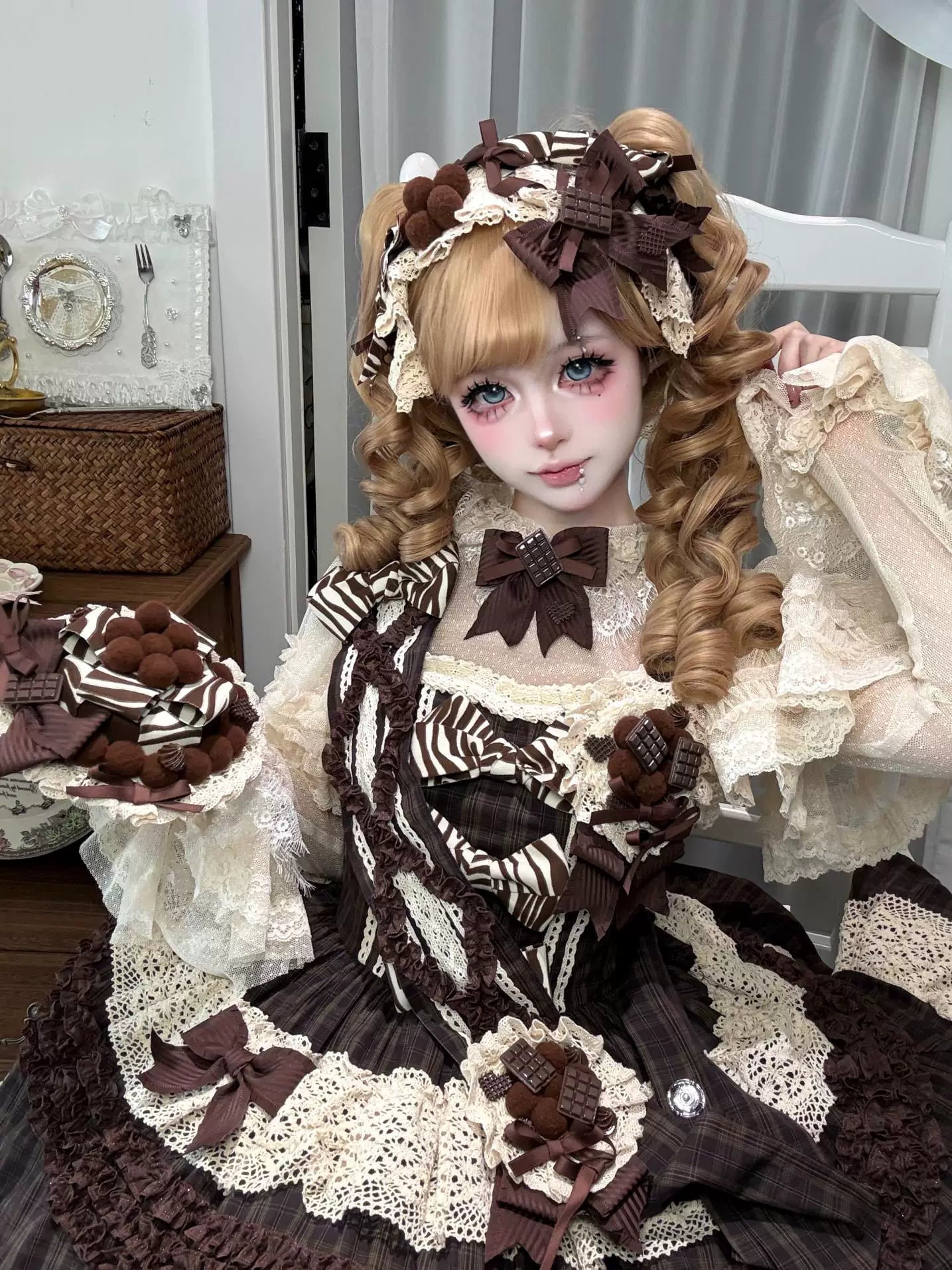 Coco Grace - Plaid Kawaii Lolita JSK Dress, Layered Ruffle & Bow