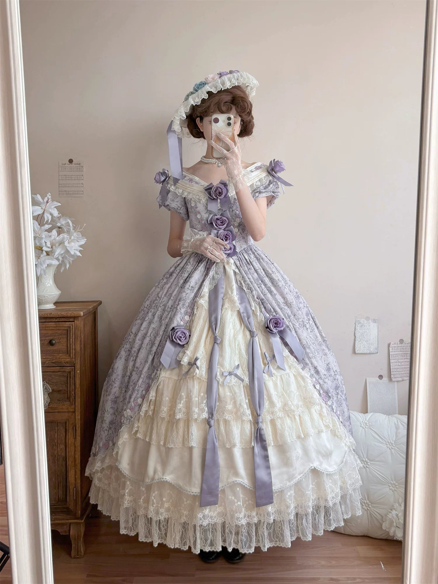 Dolota Flower Wall - Classic Lolita Floral OP Dress, Open Shoulder 44485:811126