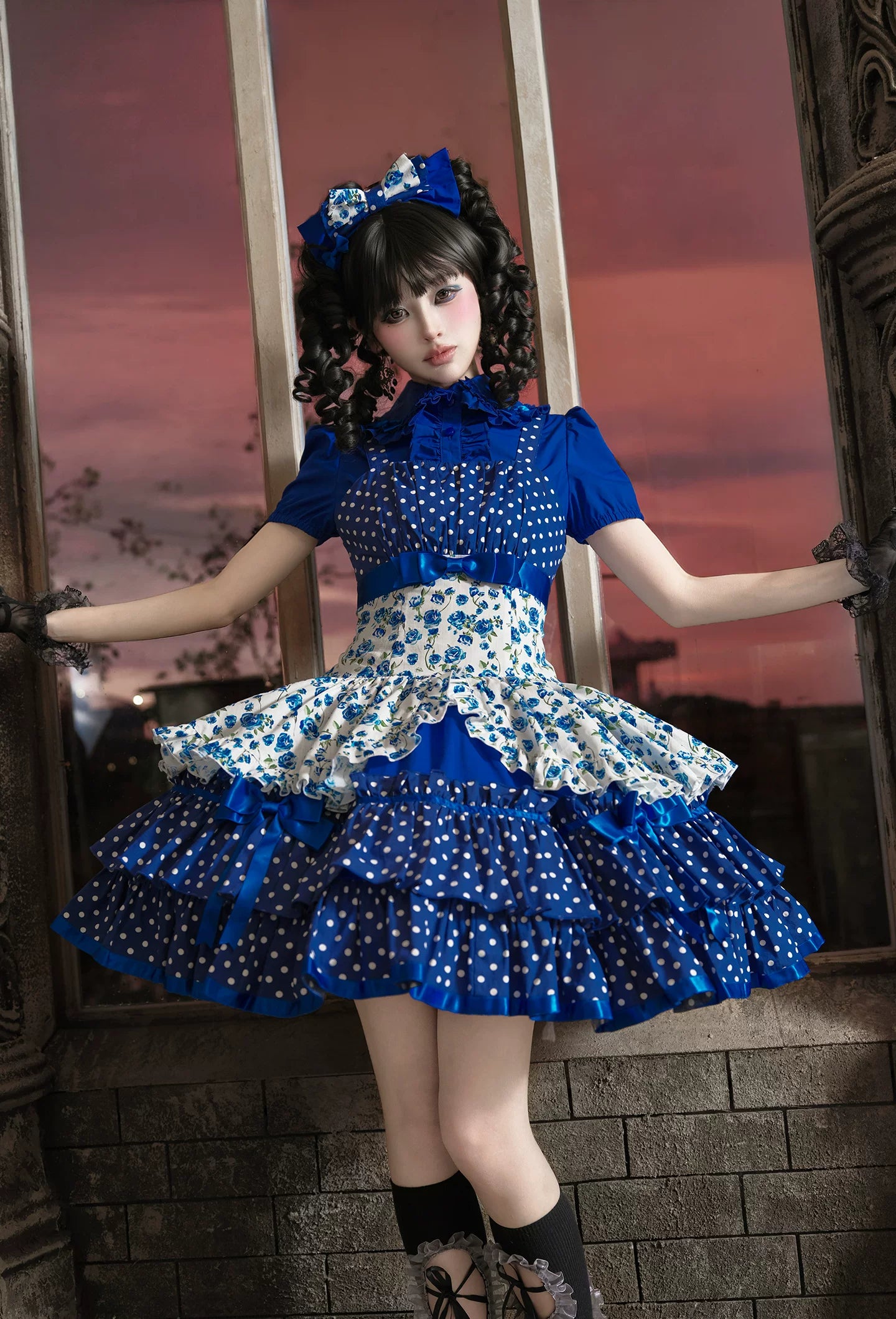 Libobo - Cotton Old School Lolita JSK Dress, Polka Dot & Floral Print 45878:866134