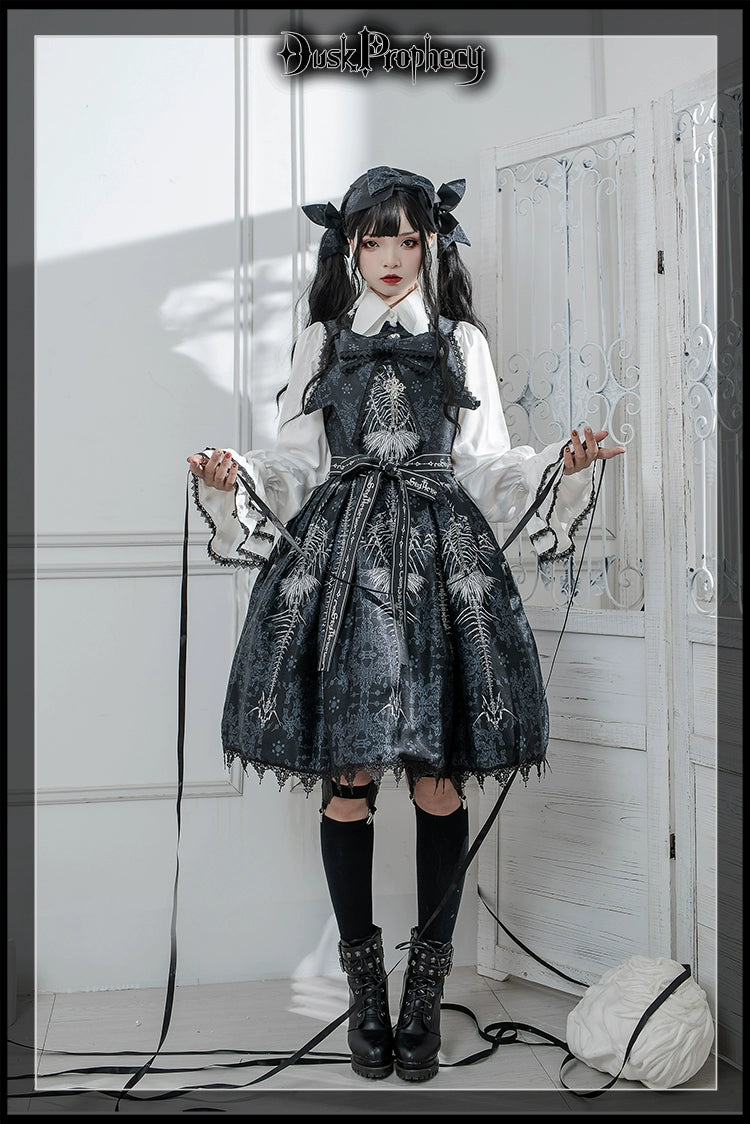 DuskProphecy - Coccyx - Elegant Lolita Dress High Waist Fishbone Print JSK Set 34722:466384