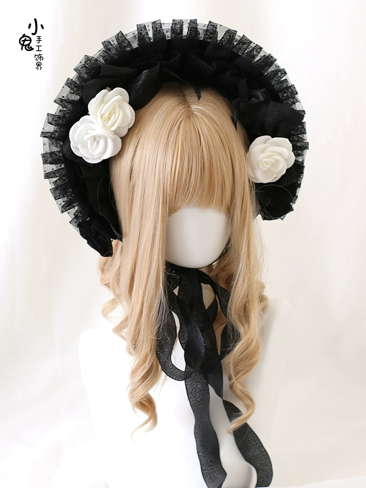 Xiaogui - Gothic Lolita Black Lace Flowers Bonnet