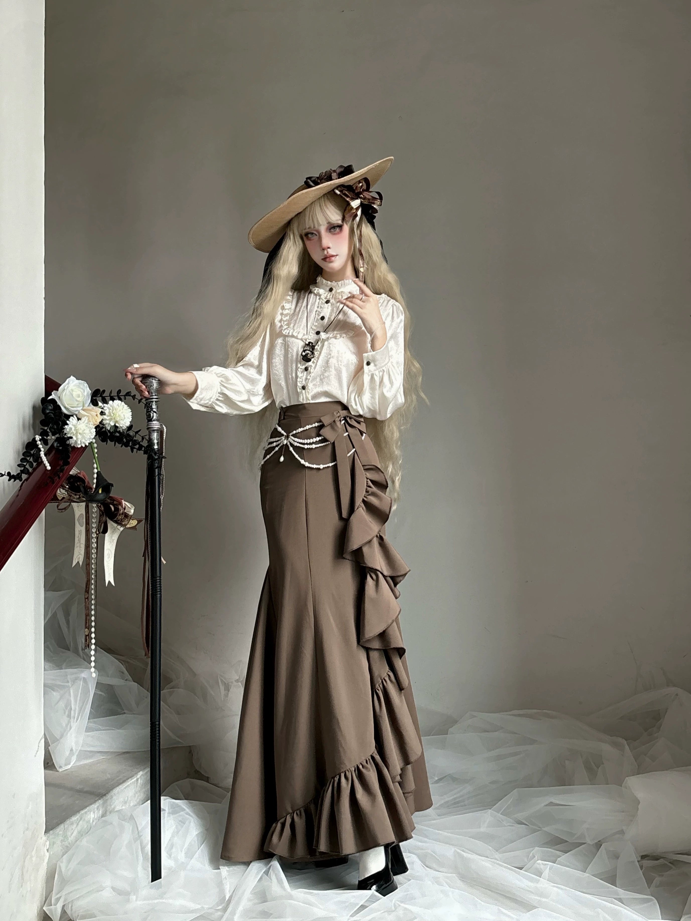 Muyu Handmade Studio - Evening Whispers of London - Brown Classic Lolita OP Dress, Mermaid Skirt Outfit 43993:791984