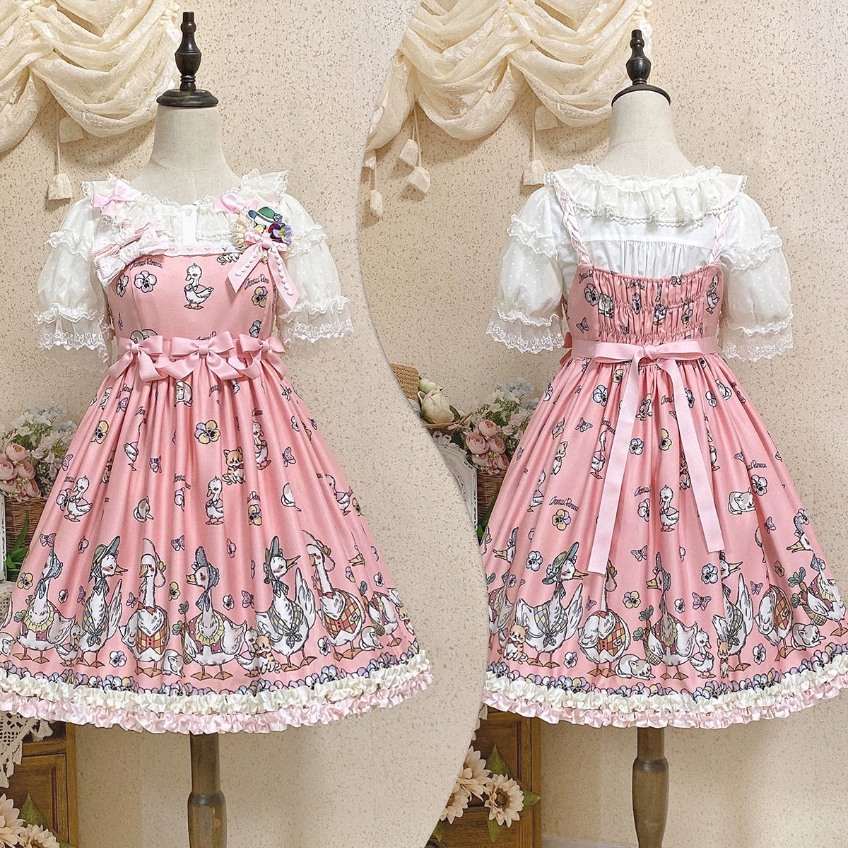 Chemical Romance - Hello Duck - Kawaii Lolita JSK Duck Print Lolita Dress S Pink print Grid